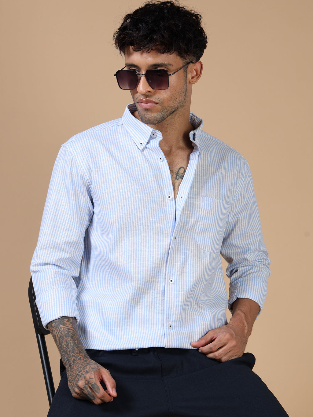 White & Blue Striped Linen-Cotton Shirt