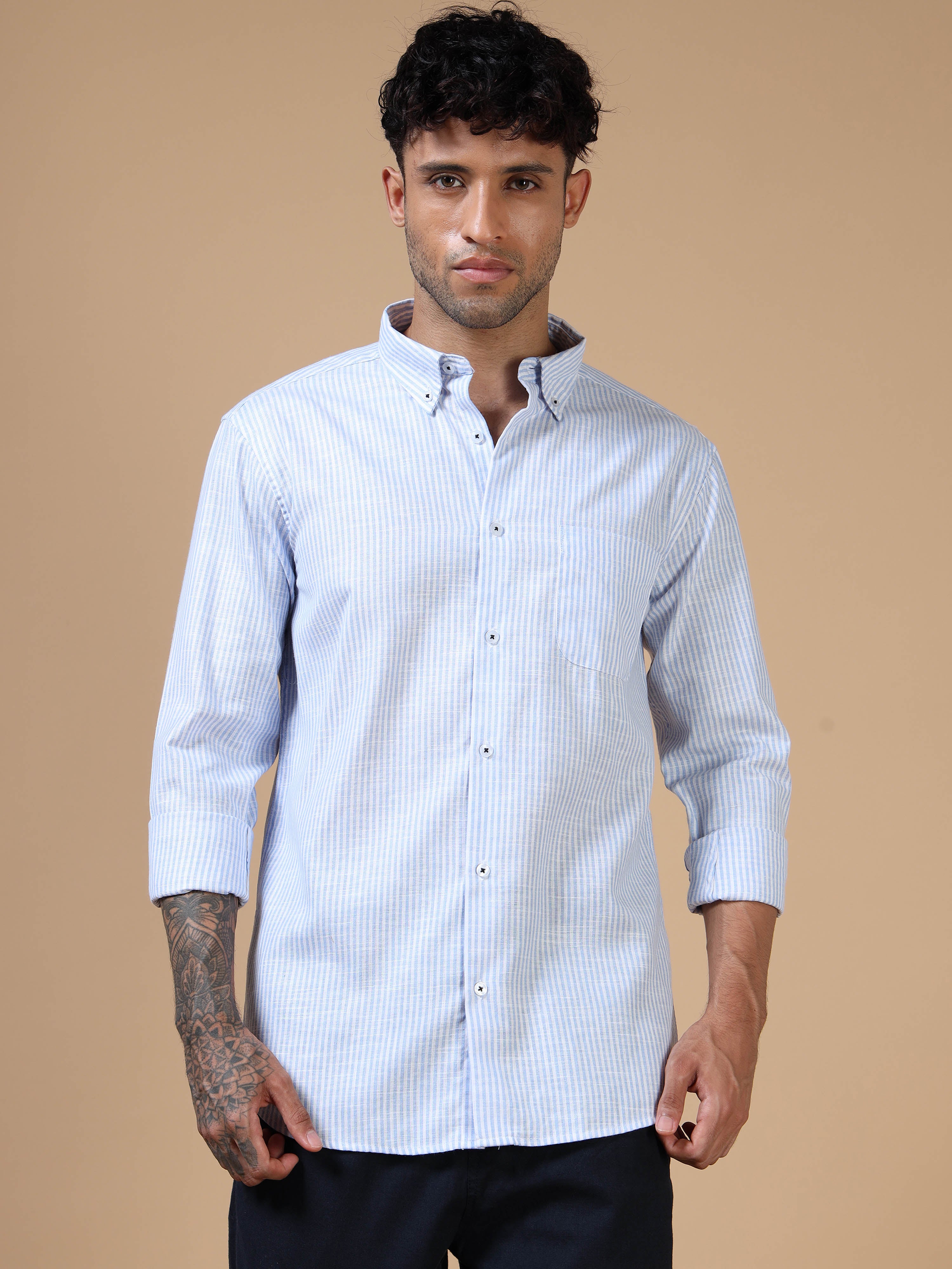White & Blue Striped Linen-Cotton Shirt
