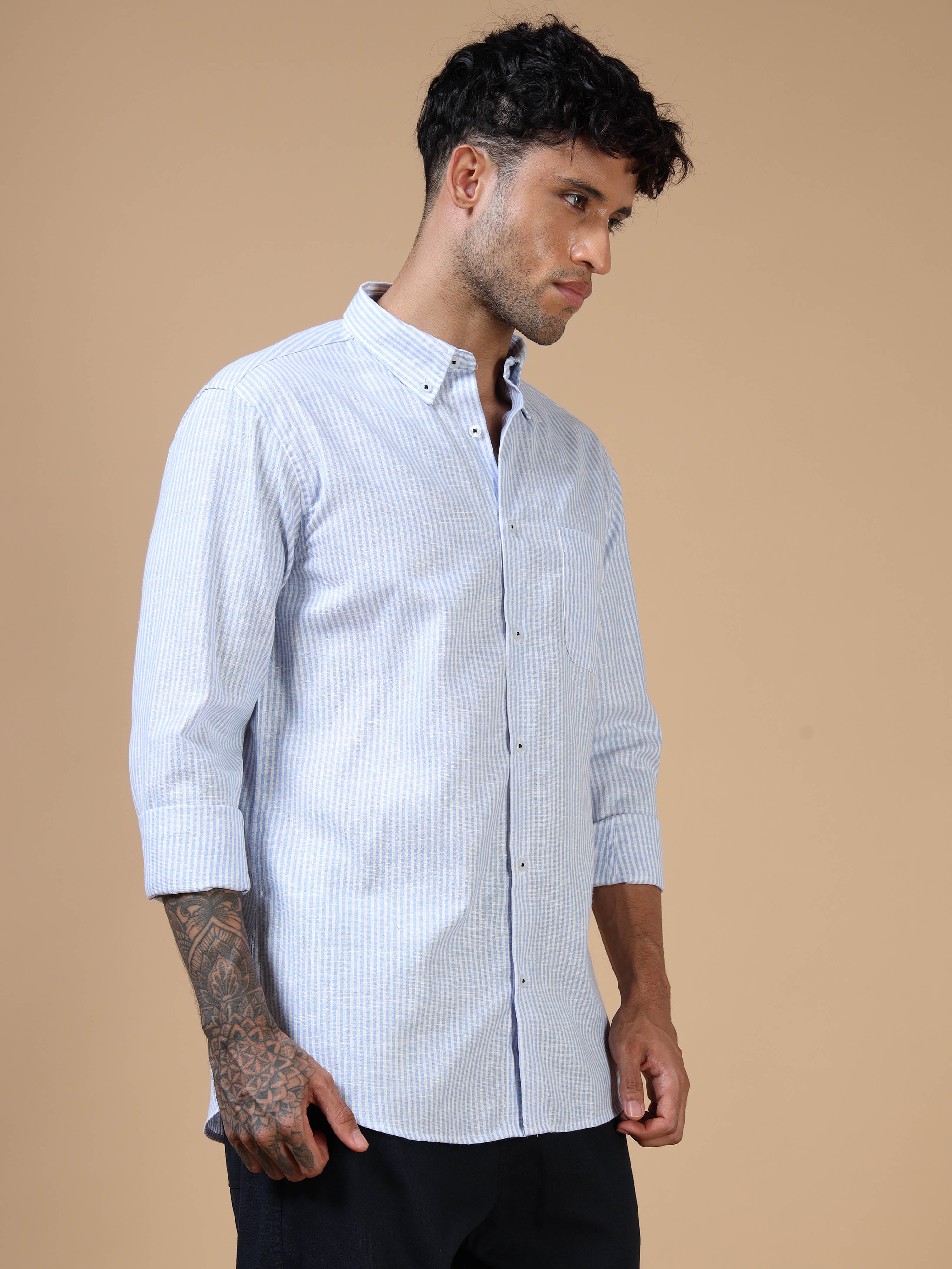 White & Blue Striped Linen-Cotton Shirt