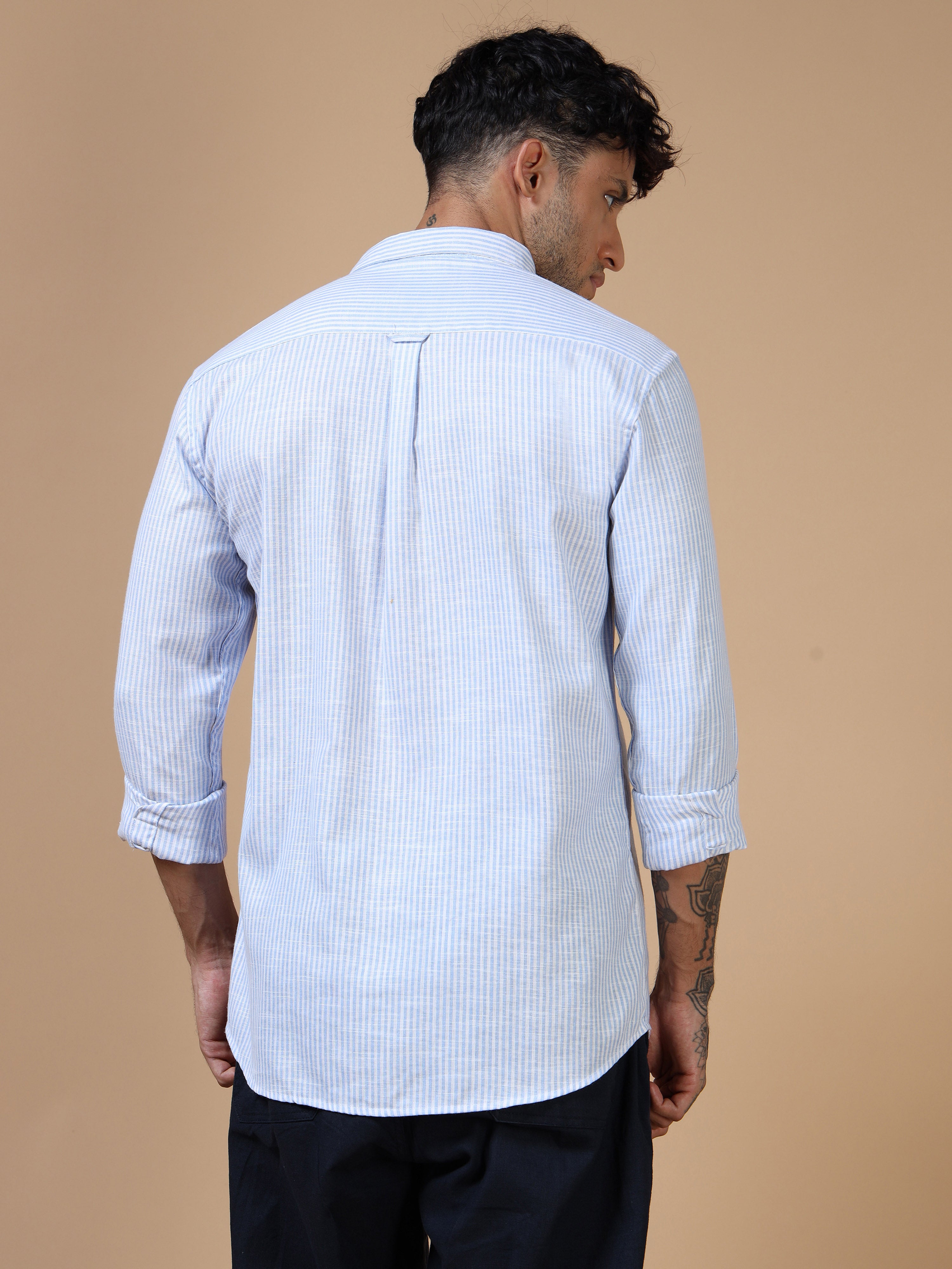 White & Blue Striped Linen-Cotton Shirt