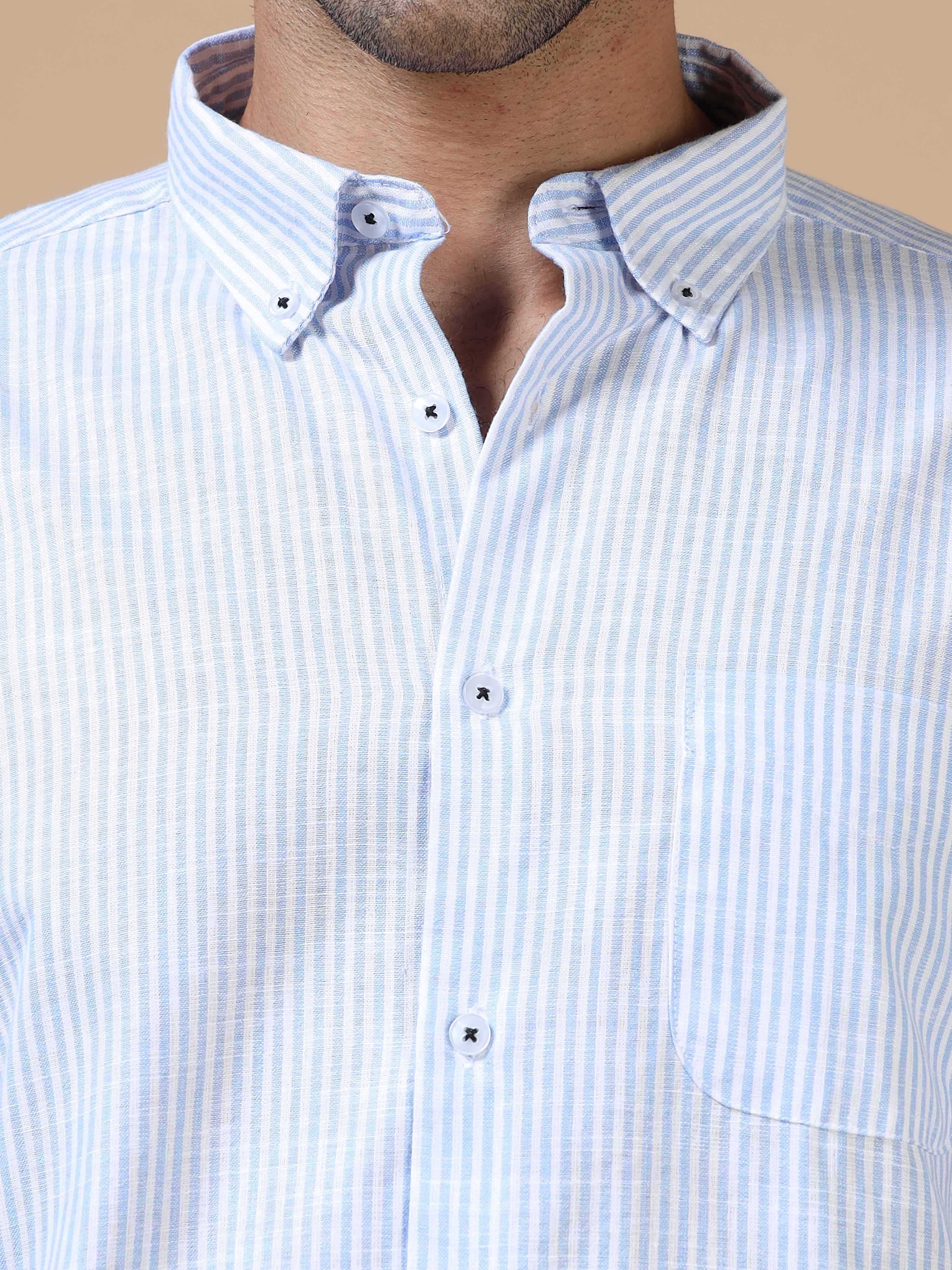 White & Blue Striped Linen-Cotton Shirt