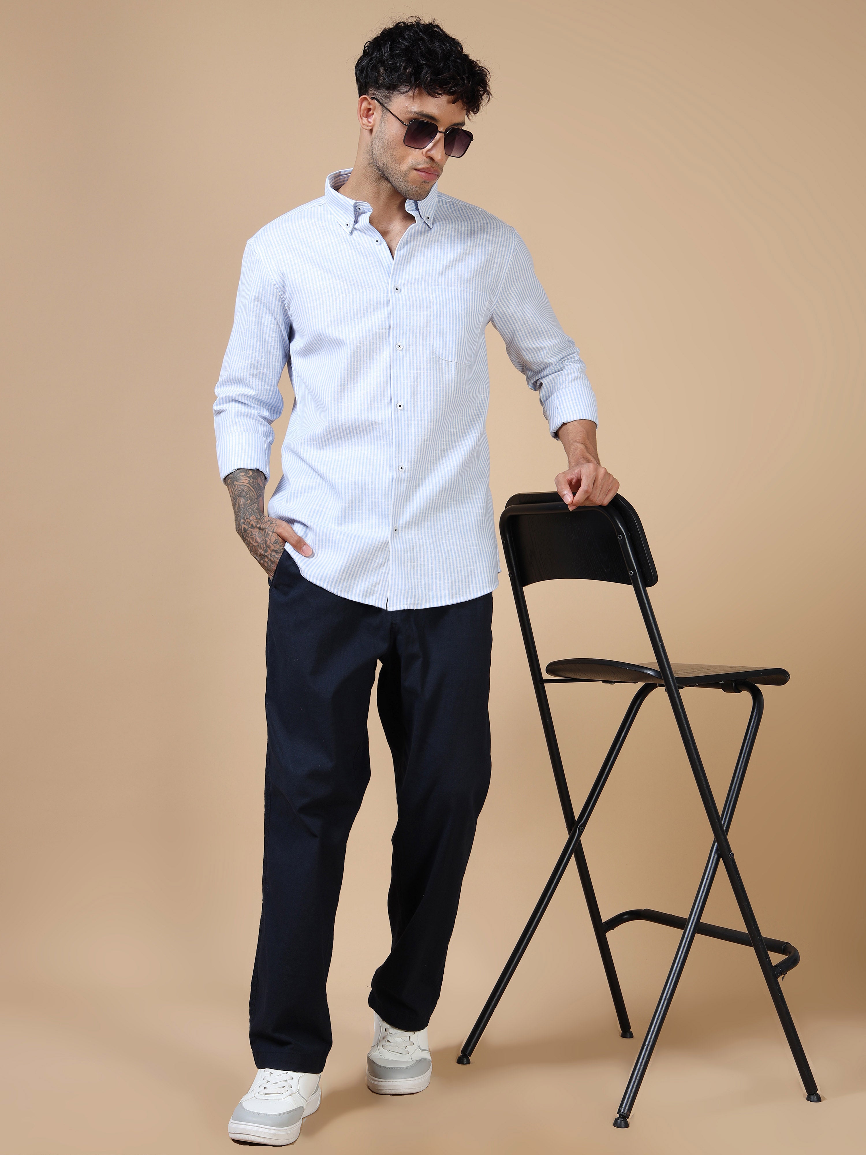 White & Blue Striped Linen-Cotton Shirt