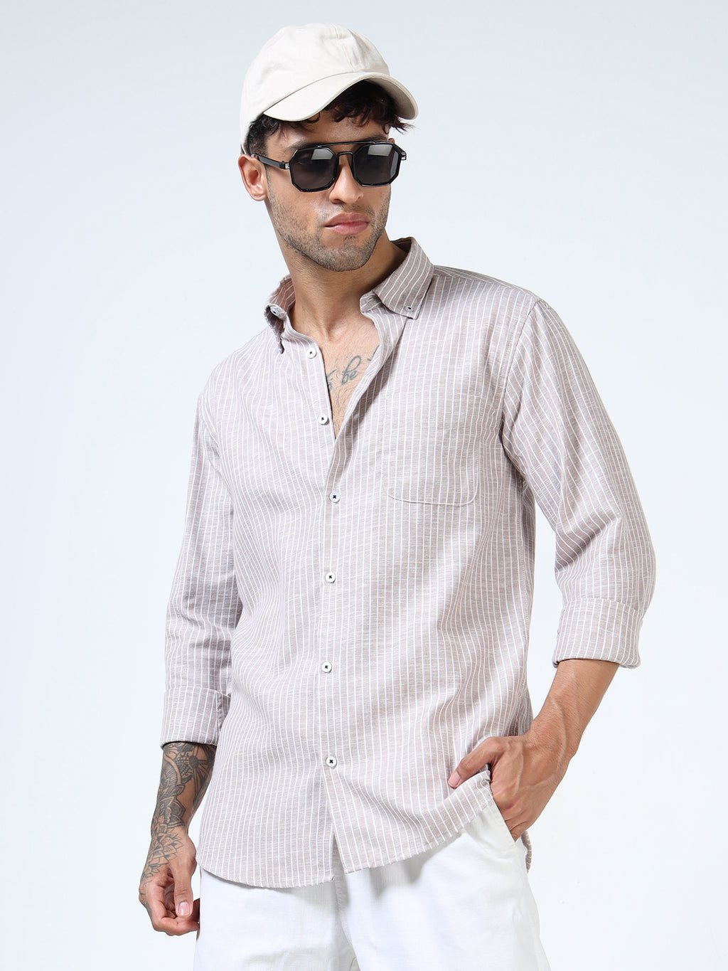 Brown with White Pinstripe Linen-Cotton Shirt