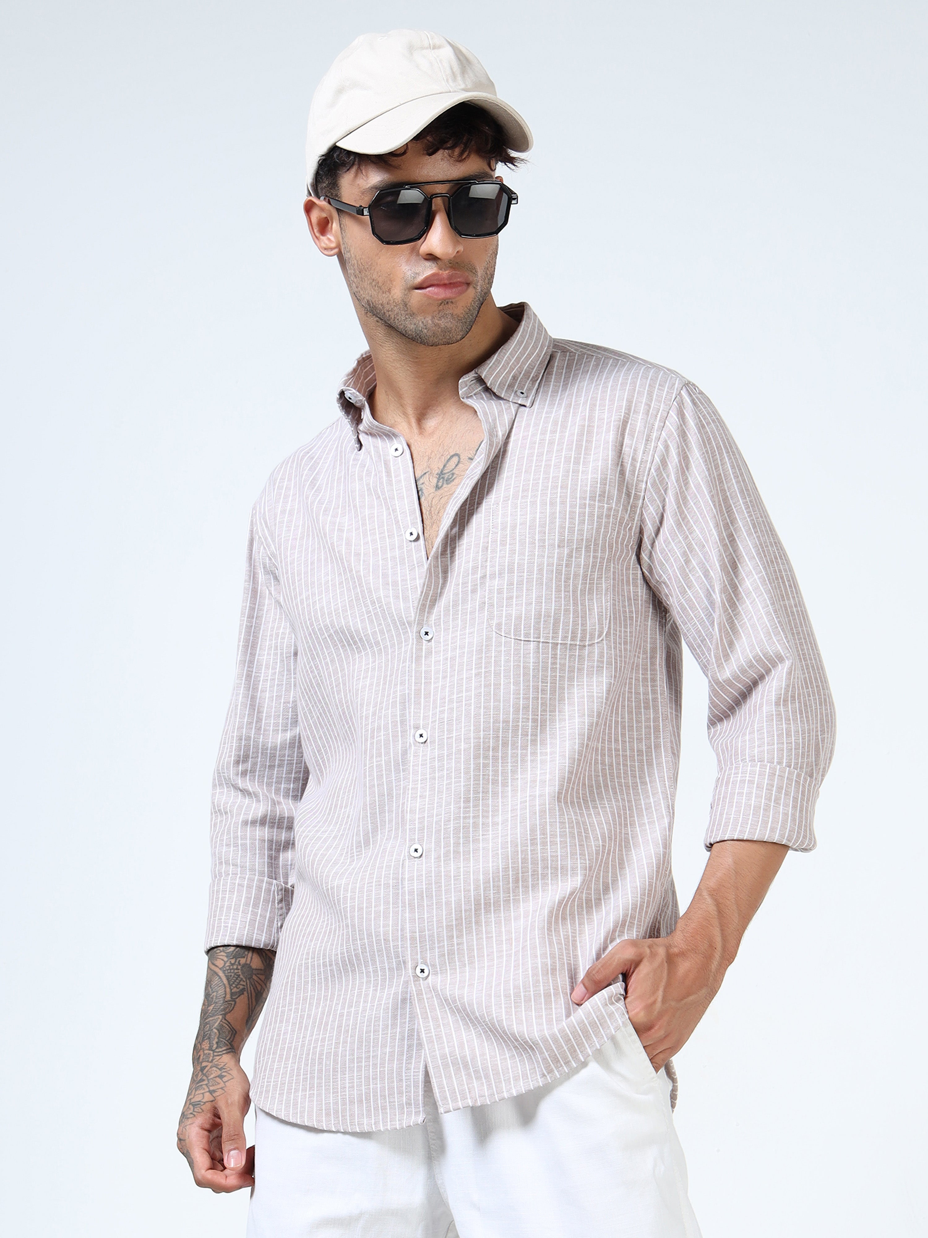 Brown with White Pinstripe Linen-Cotton Shirt