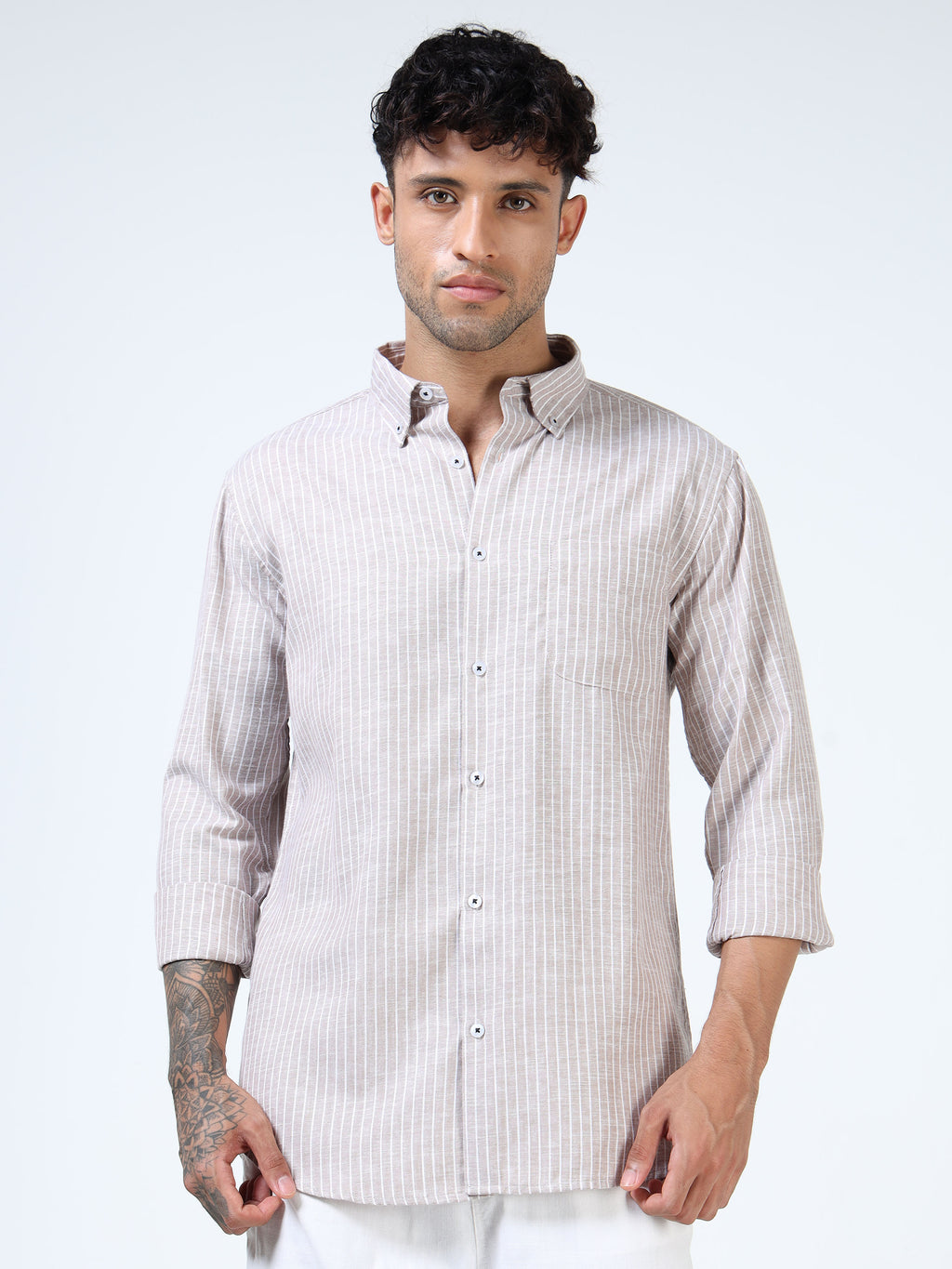 Brown with White Pinstripe Linen-Cotton Shirt