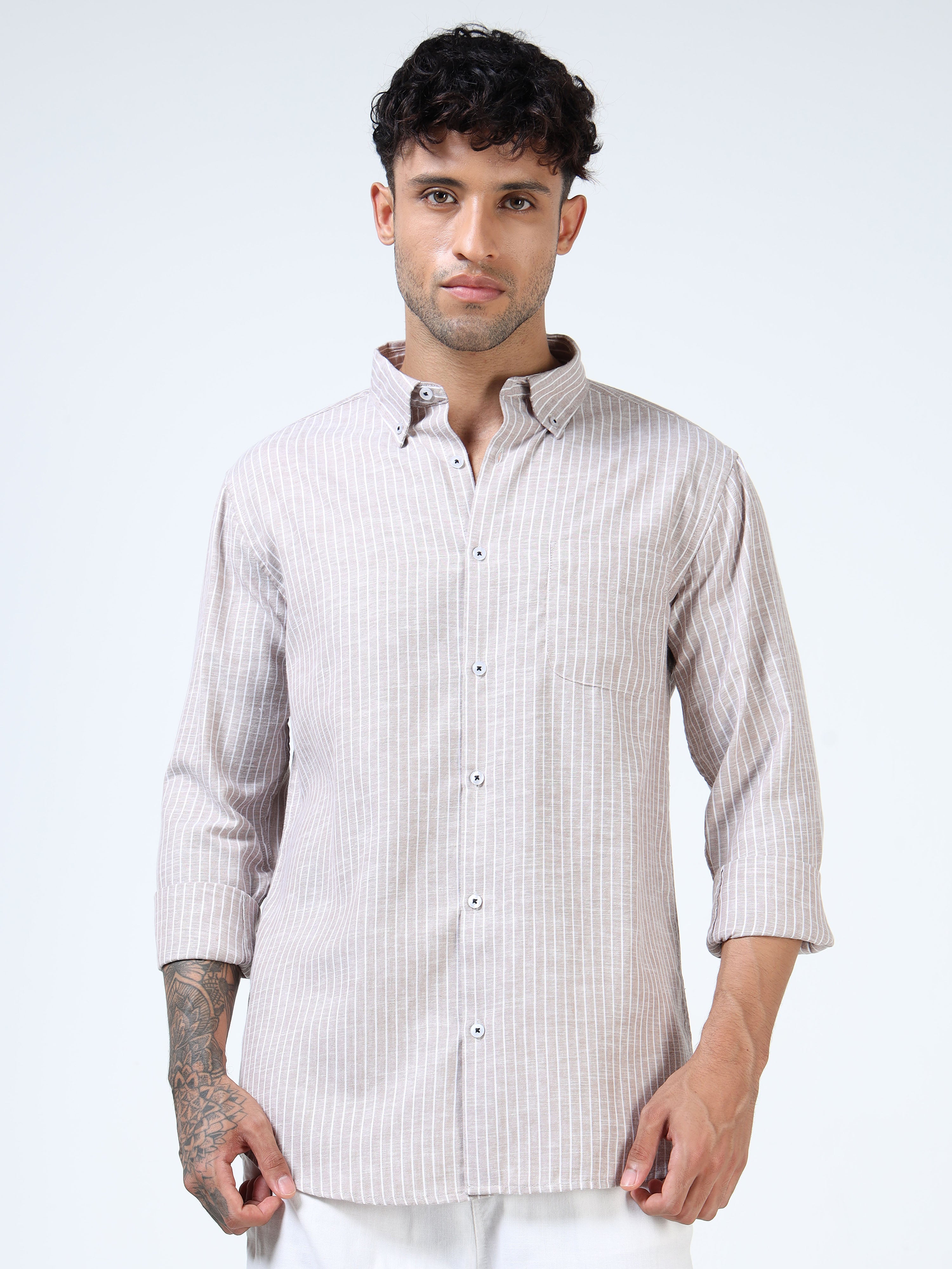 Brown with White Pinstripe Linen-Cotton Shirt