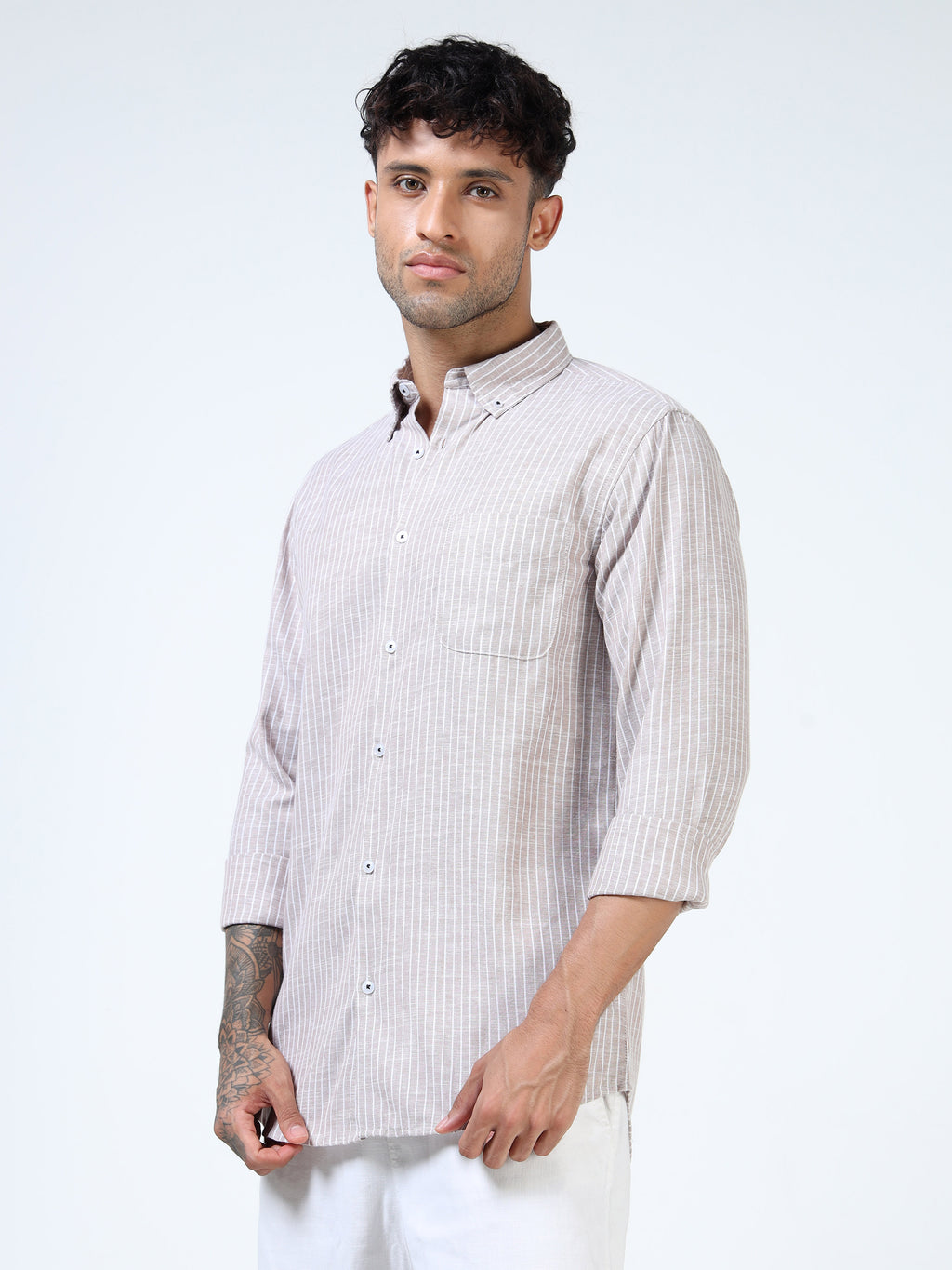 Brown with White Pinstripe Linen-Cotton Shirt