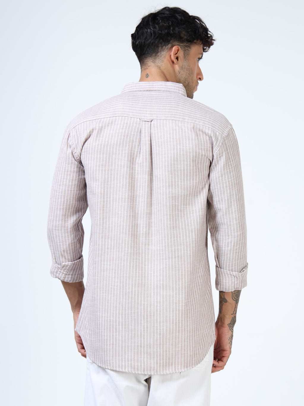 Brown with White Pinstripe Linen-Cotton Shirt