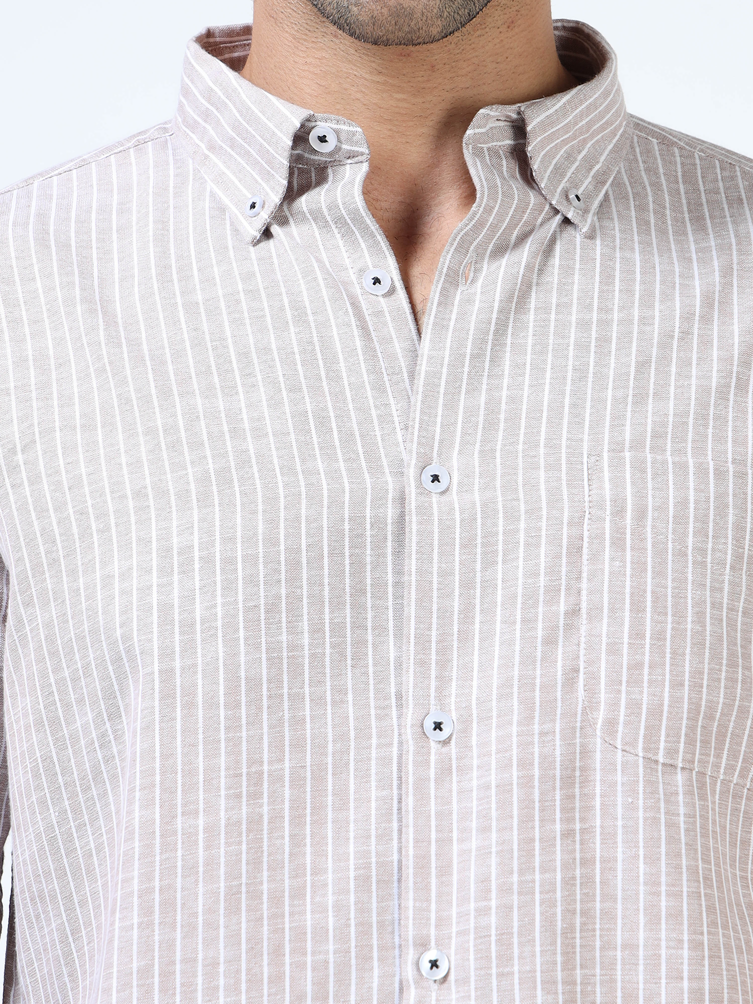 Brown with White Pinstripe Linen-Cotton Shirt