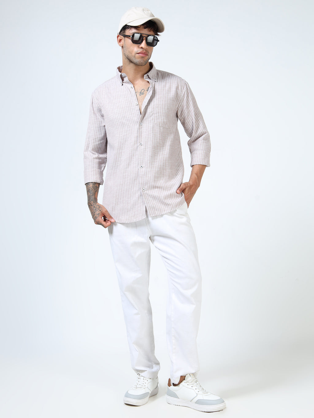 Brown with White Pinstripe Linen-Cotton Shirt