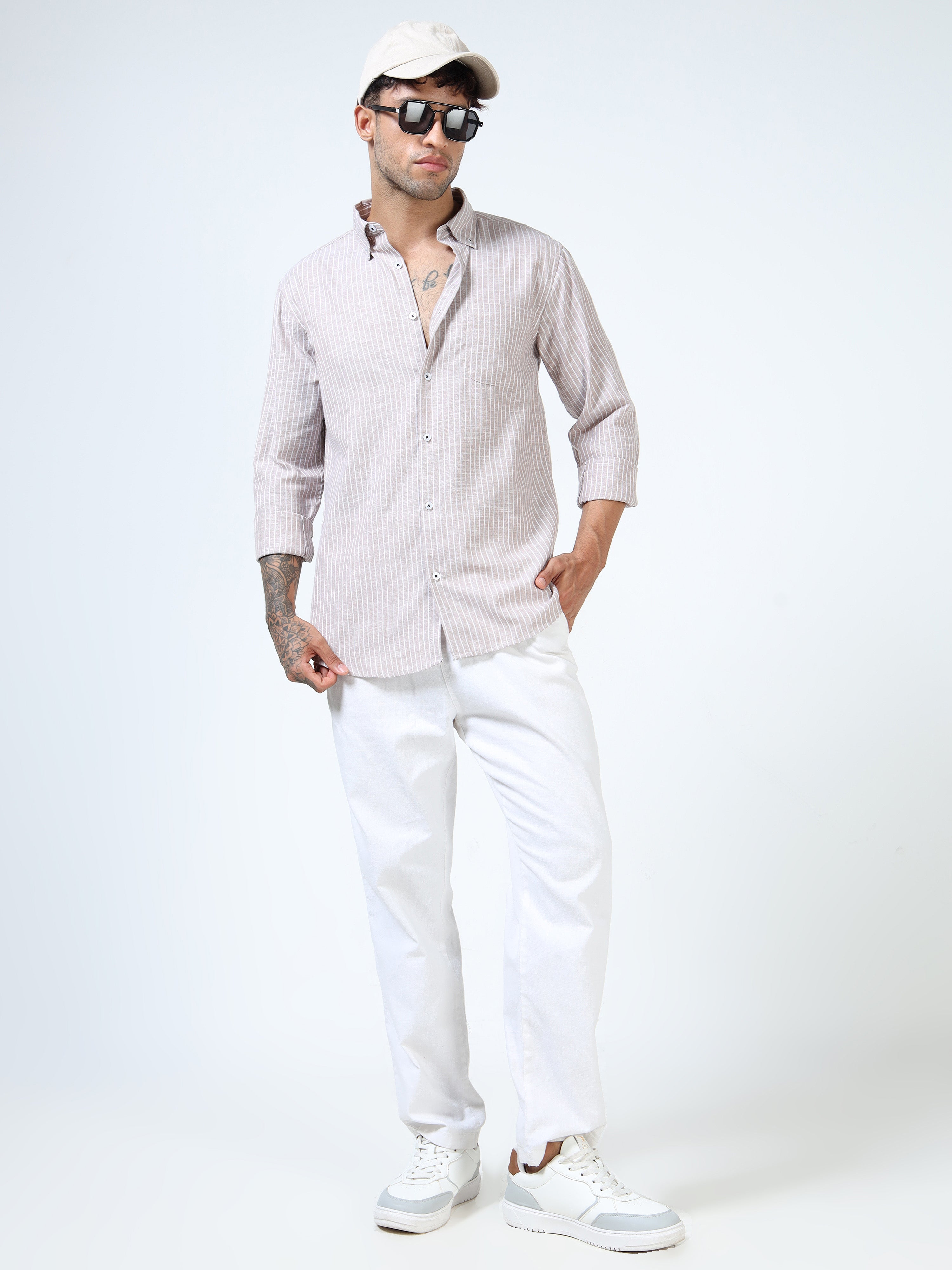 Brown with White Pinstripe Linen-Cotton Shirt
