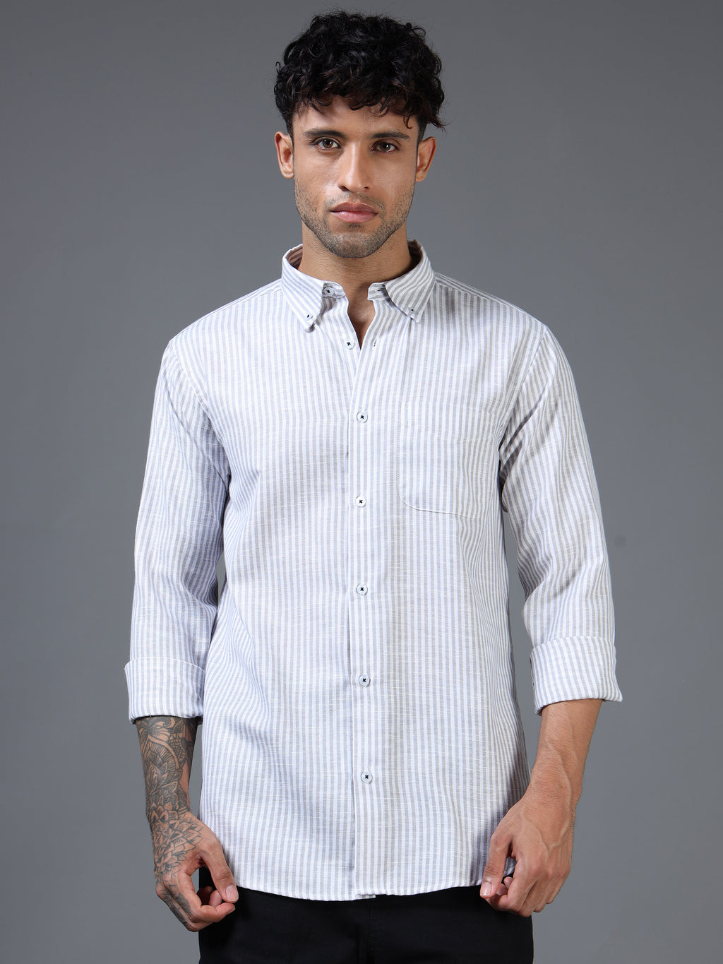 White & Light Black Striped Linen-Cotton Shirt