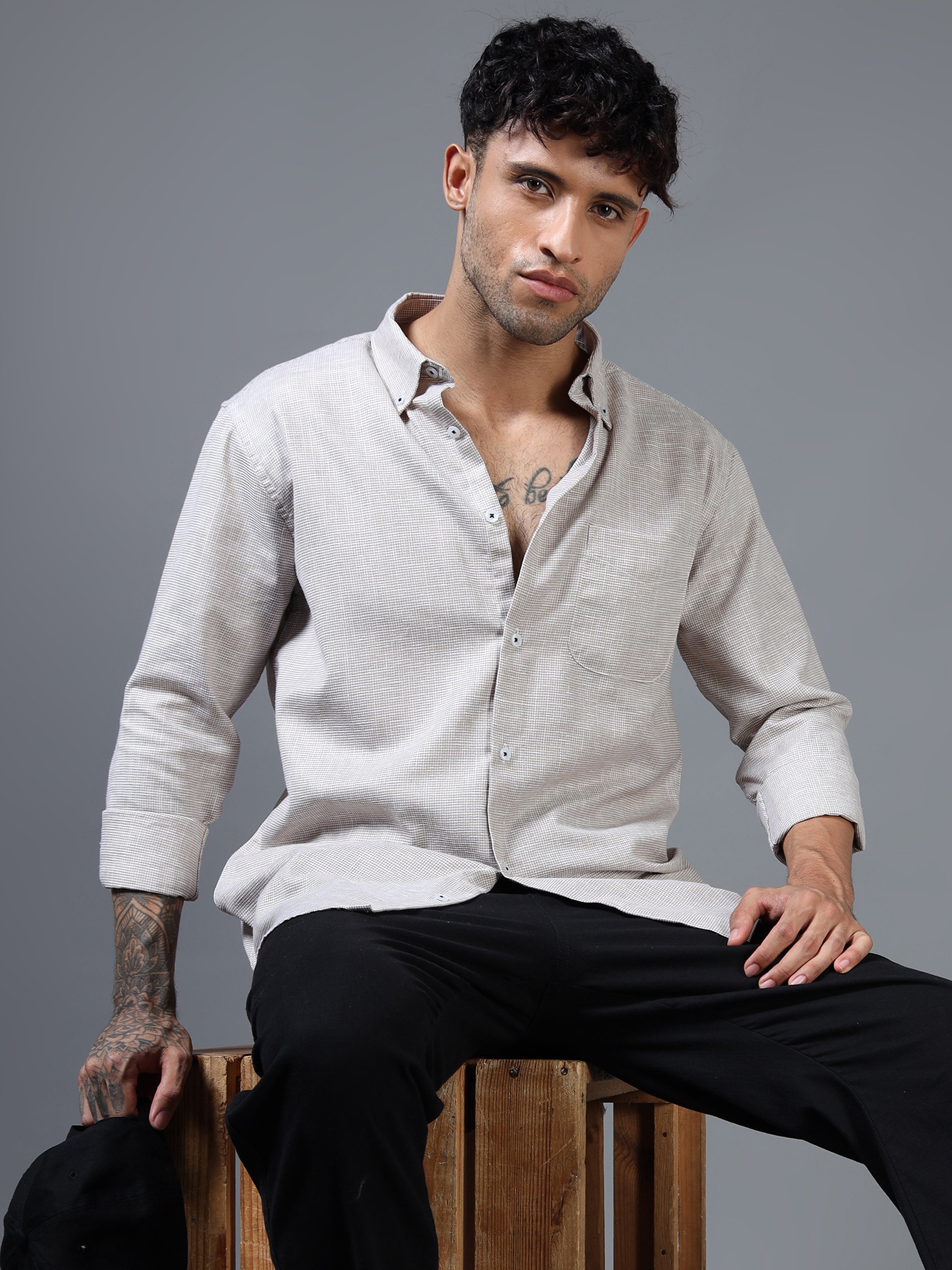 Brown & White Micro-Dot Linen-Cotton Shirt