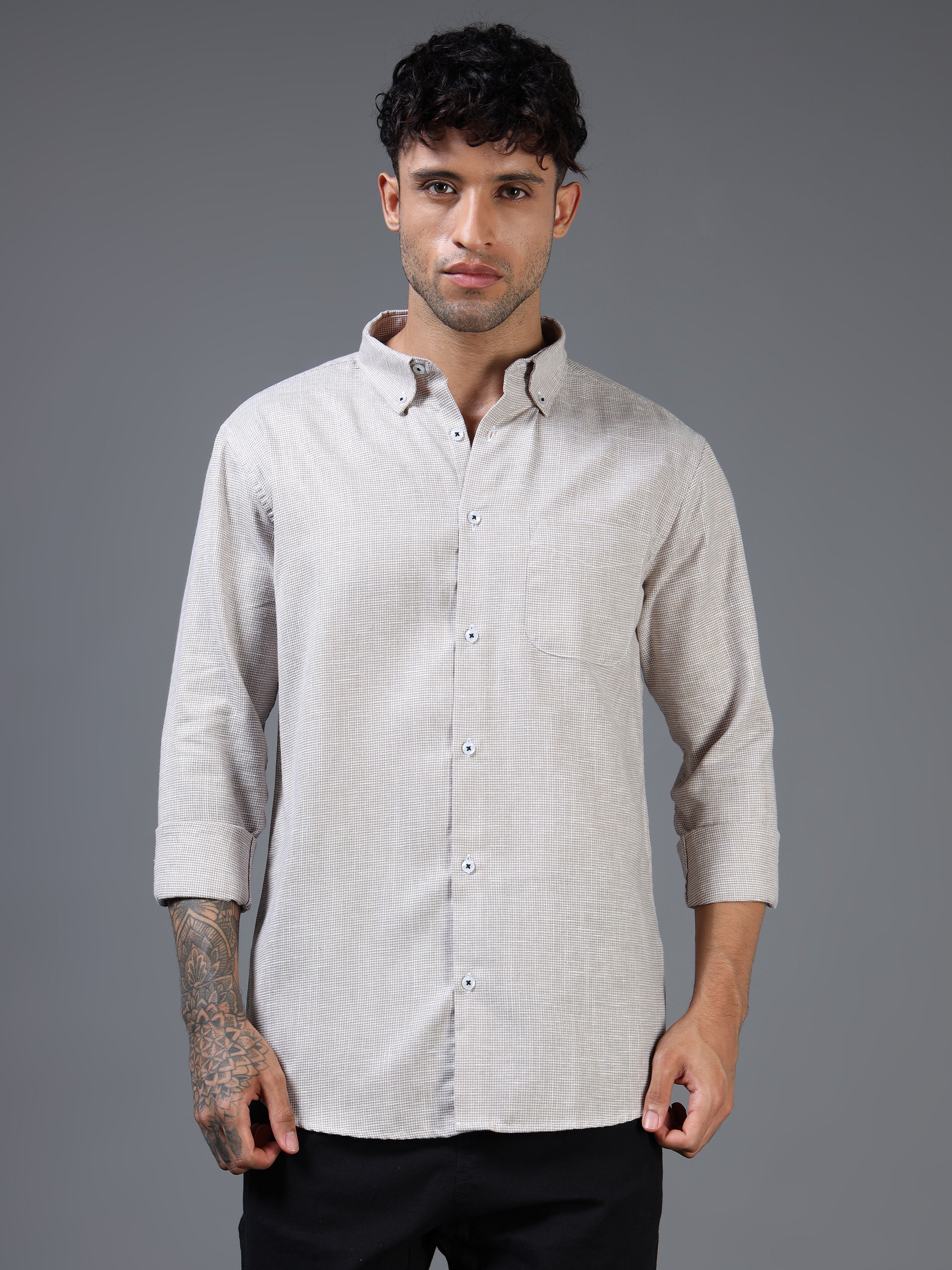Brown & White Micro-Dot Linen-Cotton Shirt
