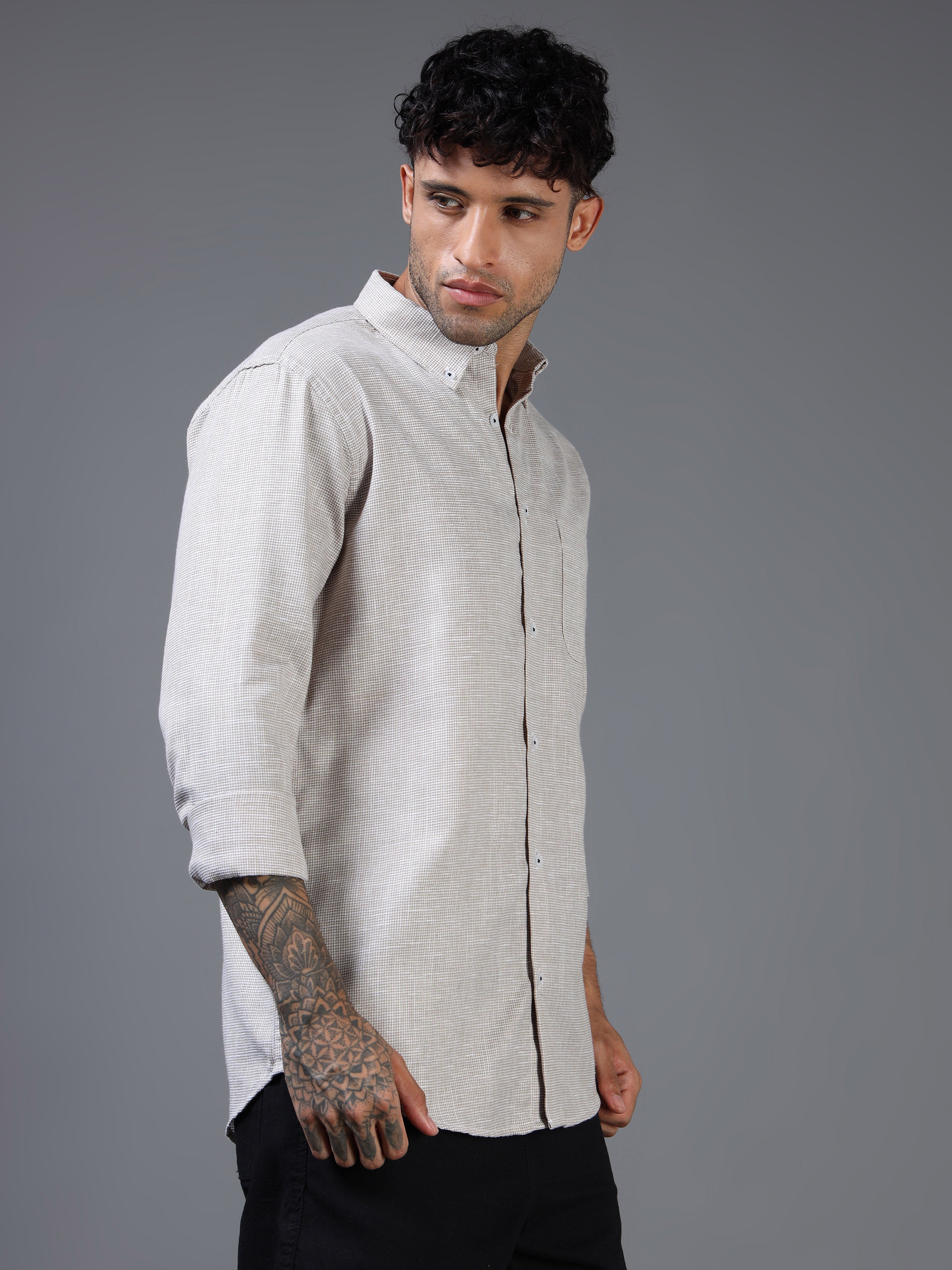 Brown & White Micro-Dot Linen-Cotton Shirt