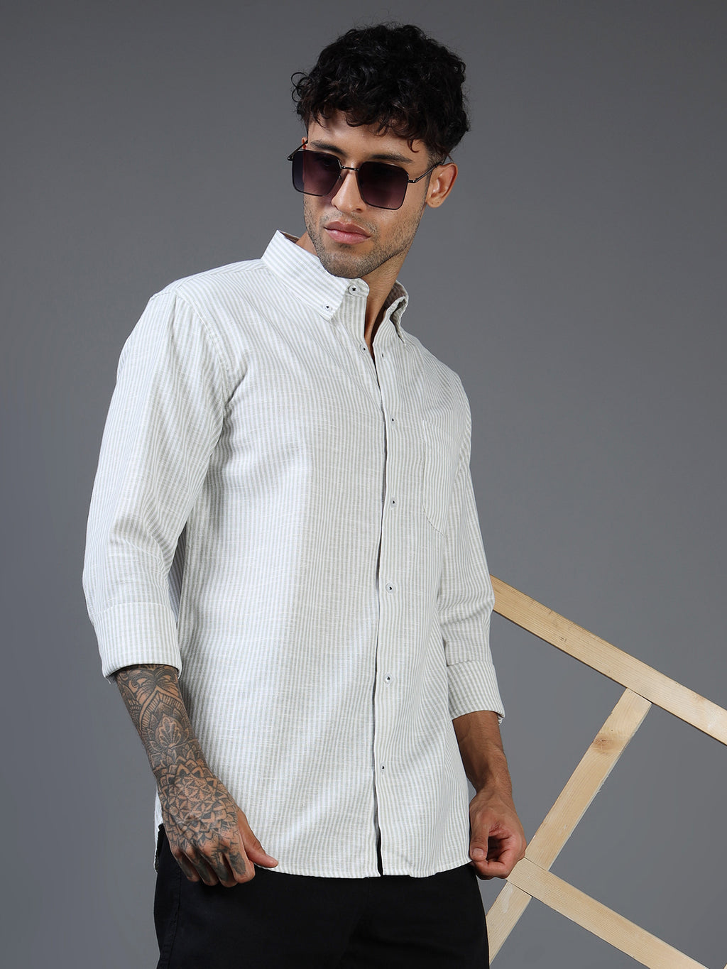 White & Green Striped Linen-Cotton