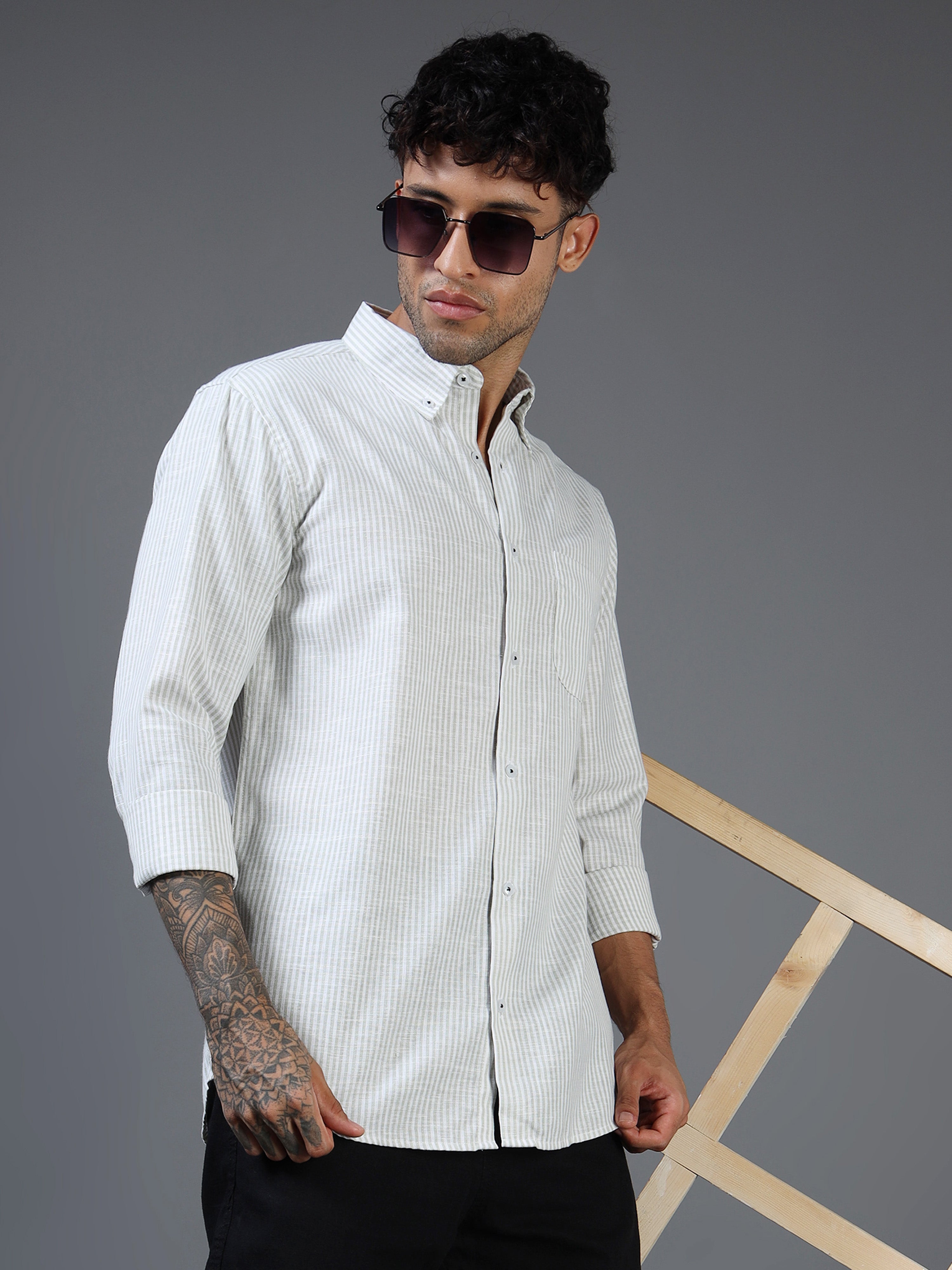 White & Green Striped Linen-Cotton