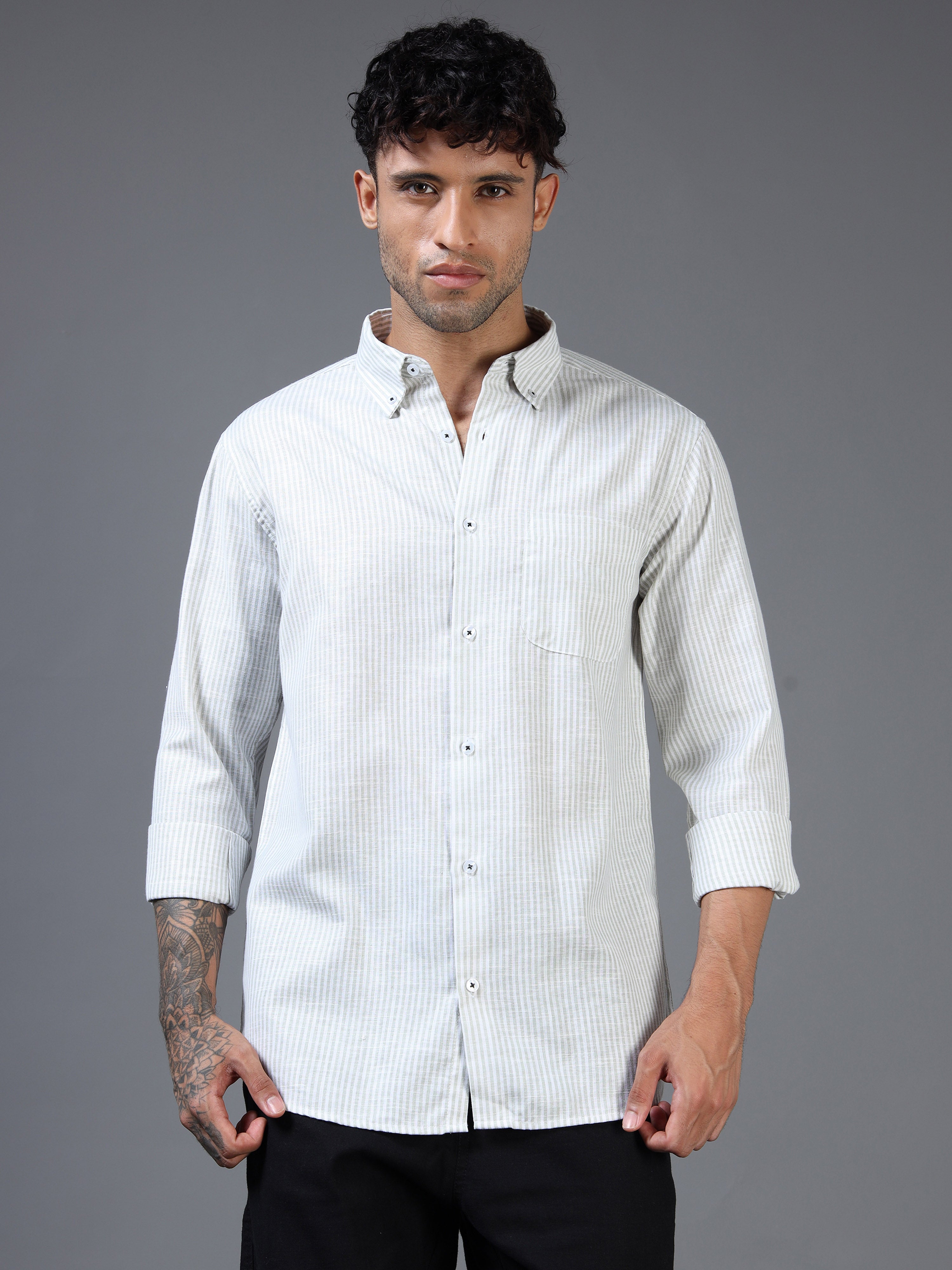 White & Green Striped Linen-Cotton