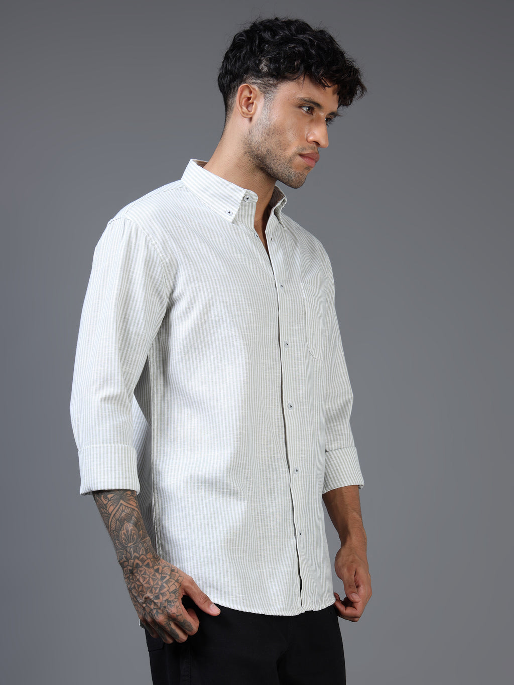 White & Green Striped Linen-Cotton