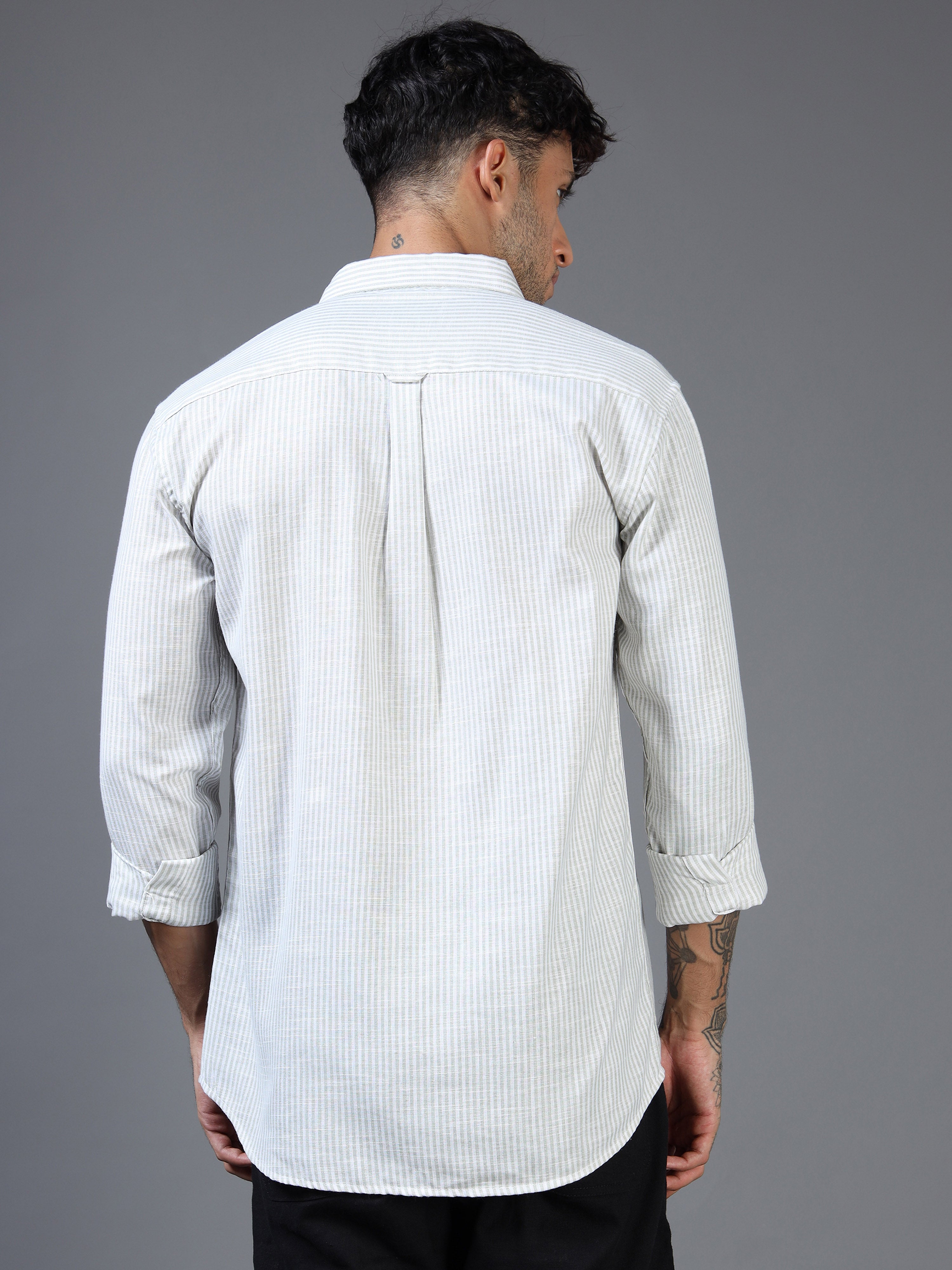 White & Green Striped Linen-Cotton