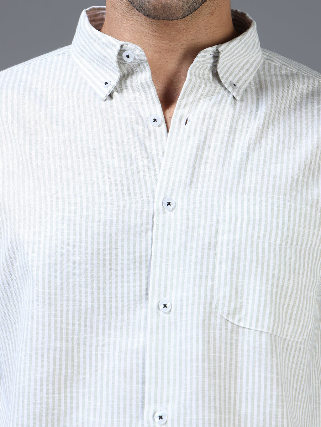 White & Green Striped Linen-Cotton