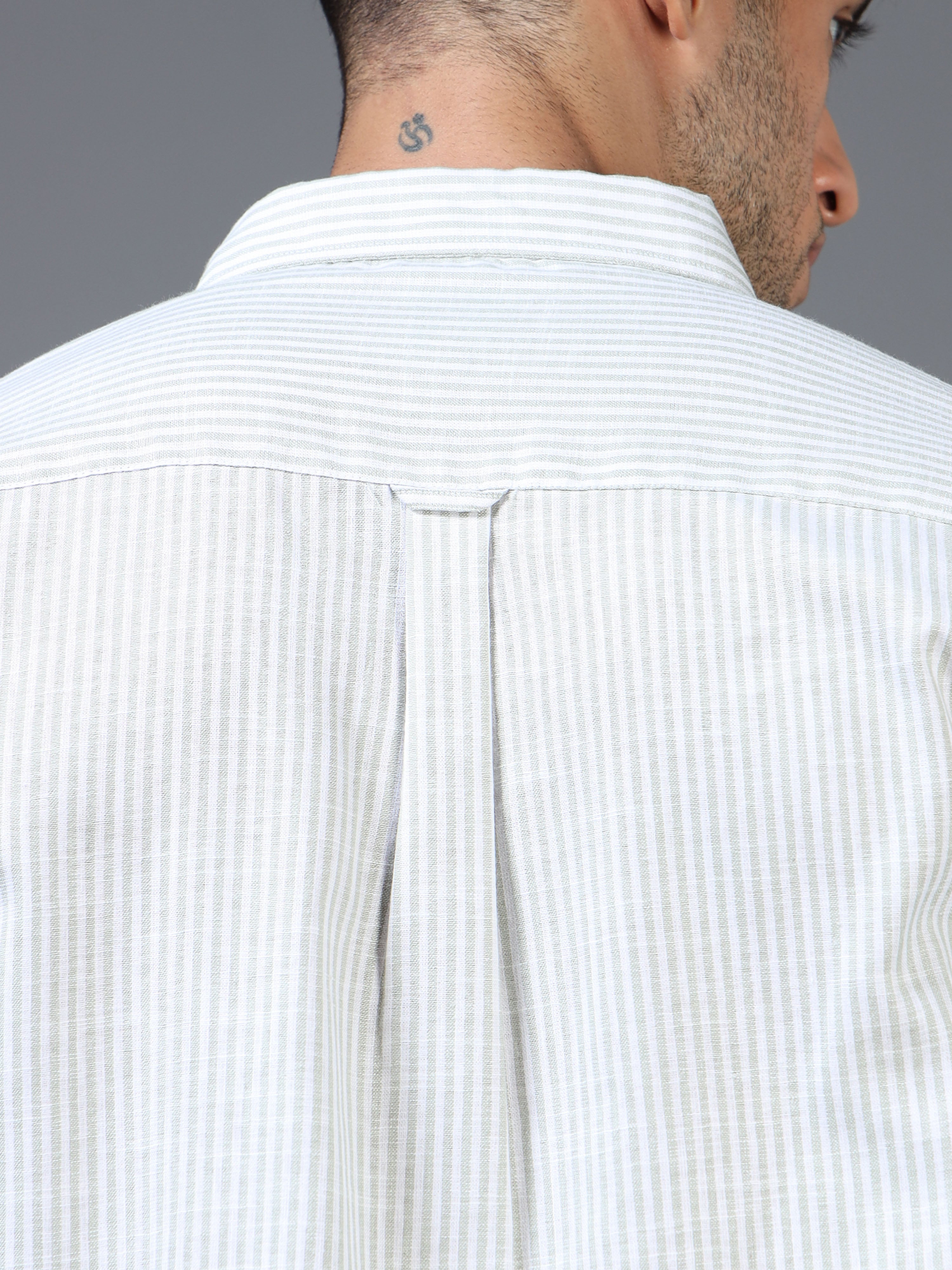 White & Green Striped Linen-Cotton