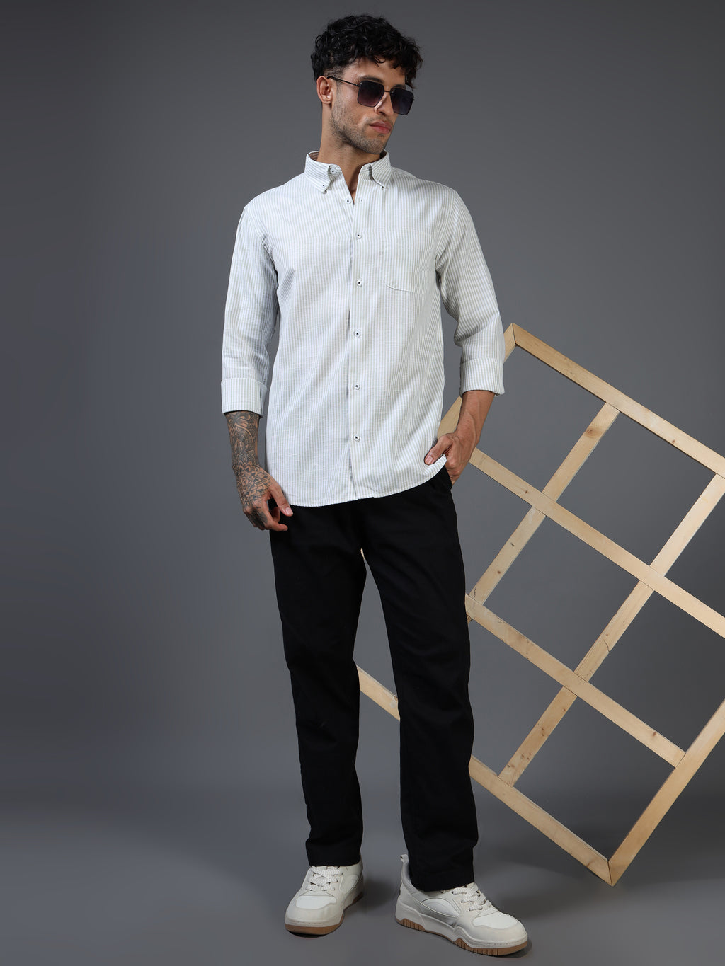 White & Green Striped Linen-Cotton