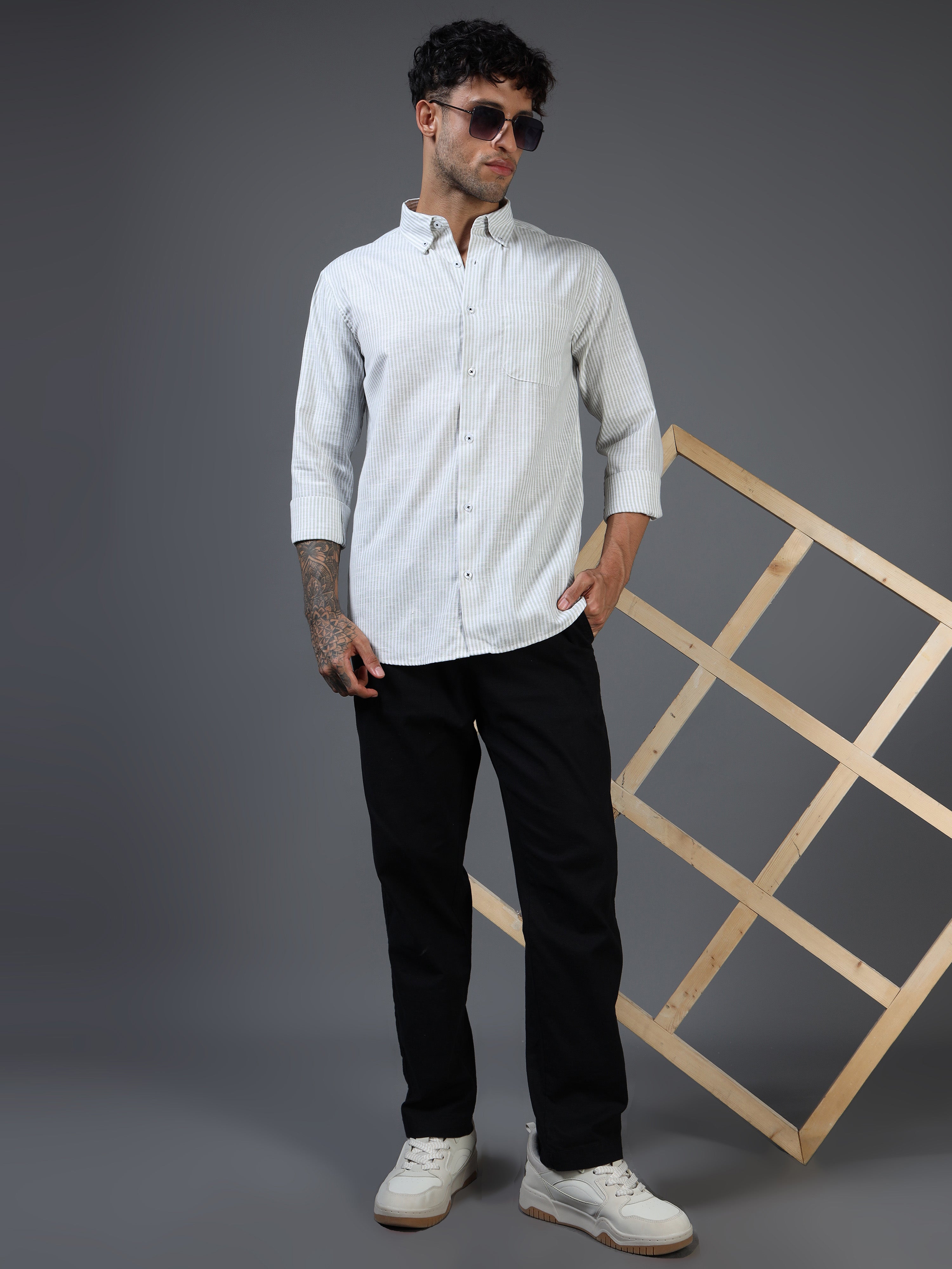 White & Green Striped Linen-Cotton