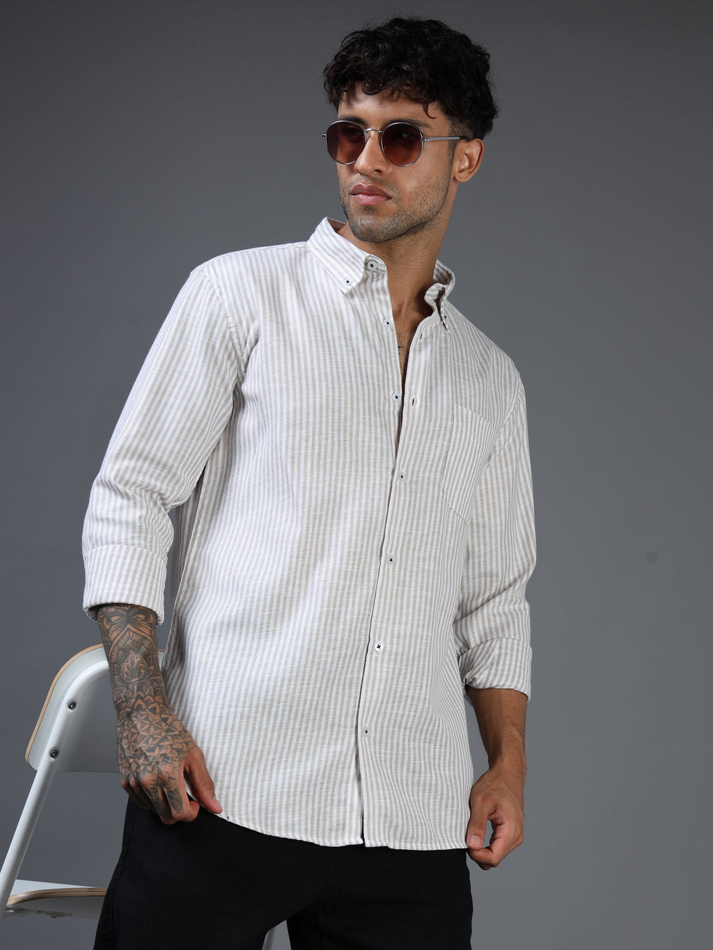 White & Brown Striped Linen-Cotton Shirt