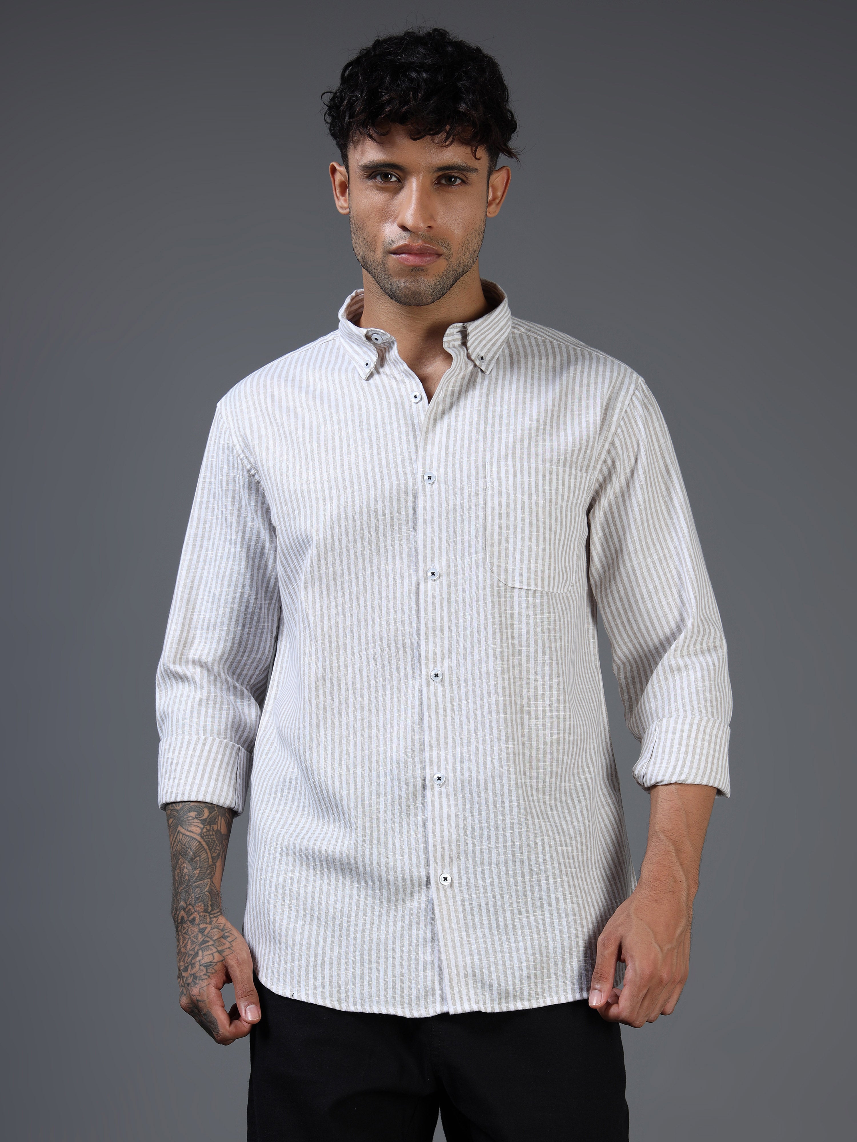 White & Brown Striped Linen-Cotton Shirt