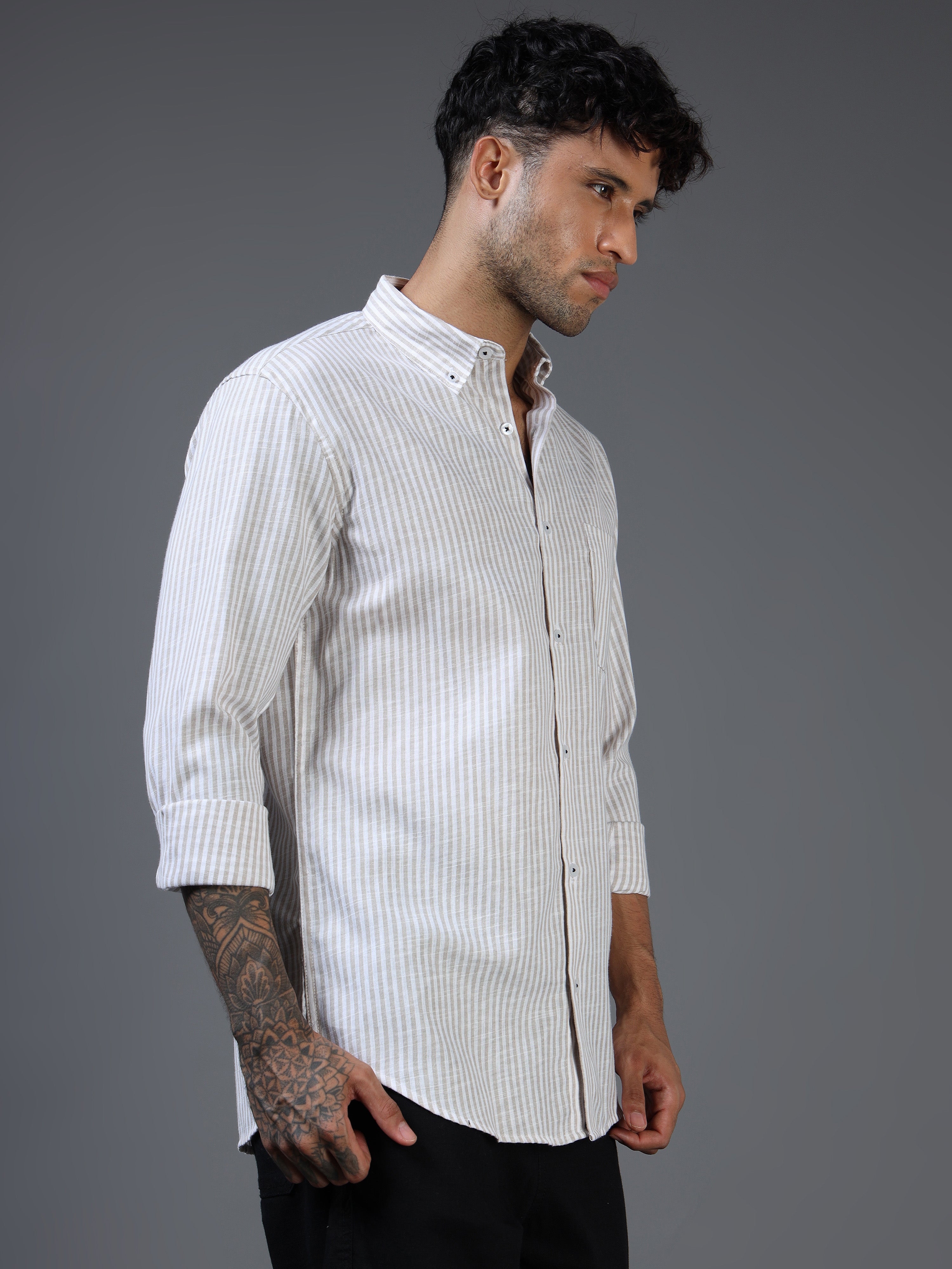 White & Brown Striped Linen-Cotton Shirt