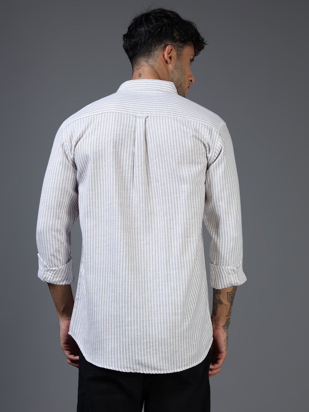 White & Brown Striped Linen-Cotton Shirt