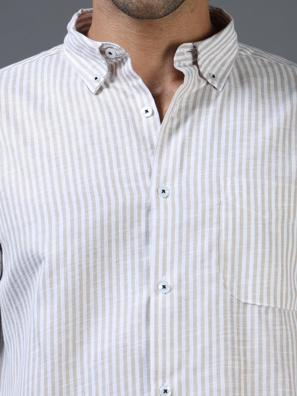 White & Brown Striped Linen-Cotton Shirt