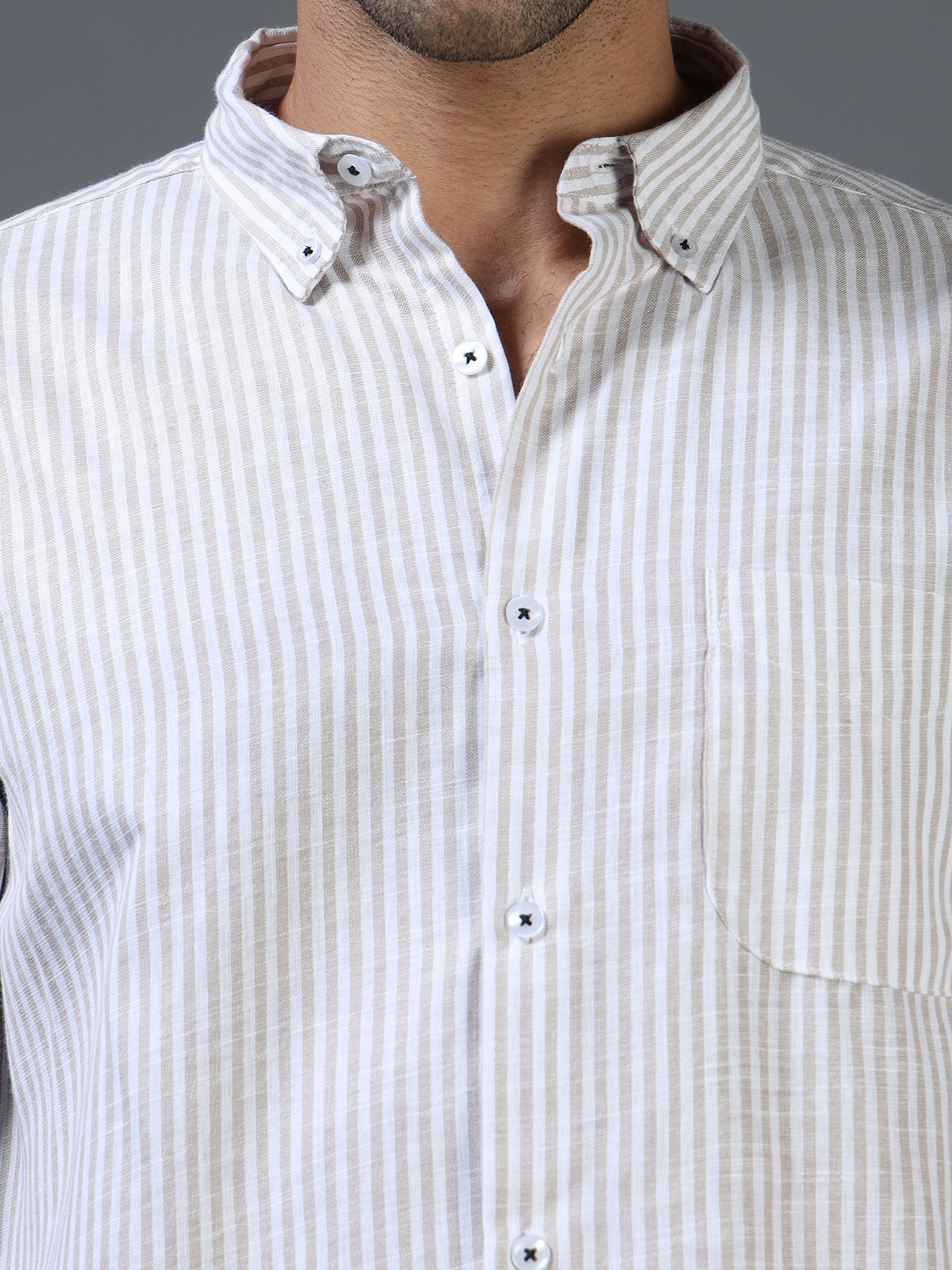 White & Brown Striped Linen-Cotton Shirt