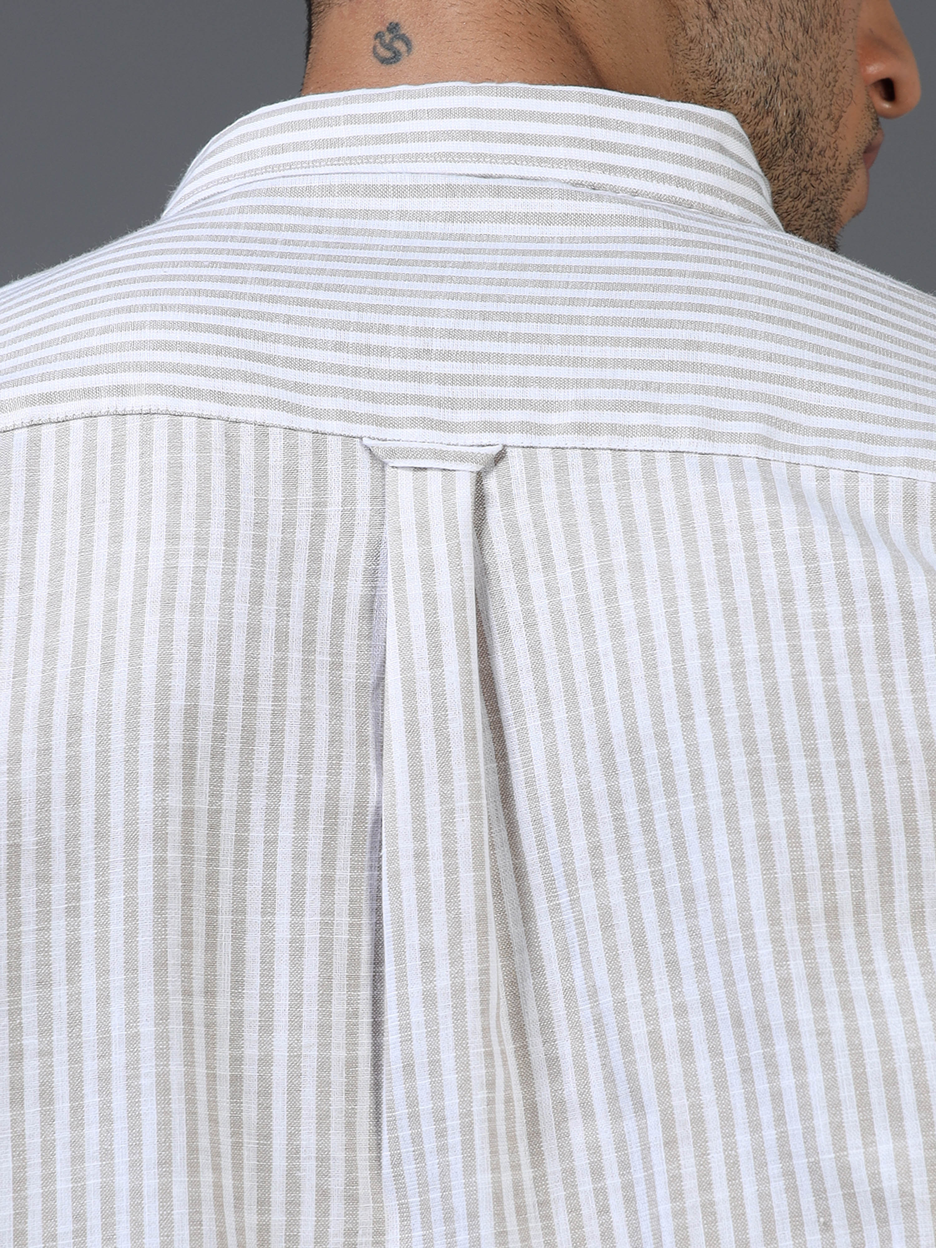White & Brown Striped Linen-Cotton Shirt
