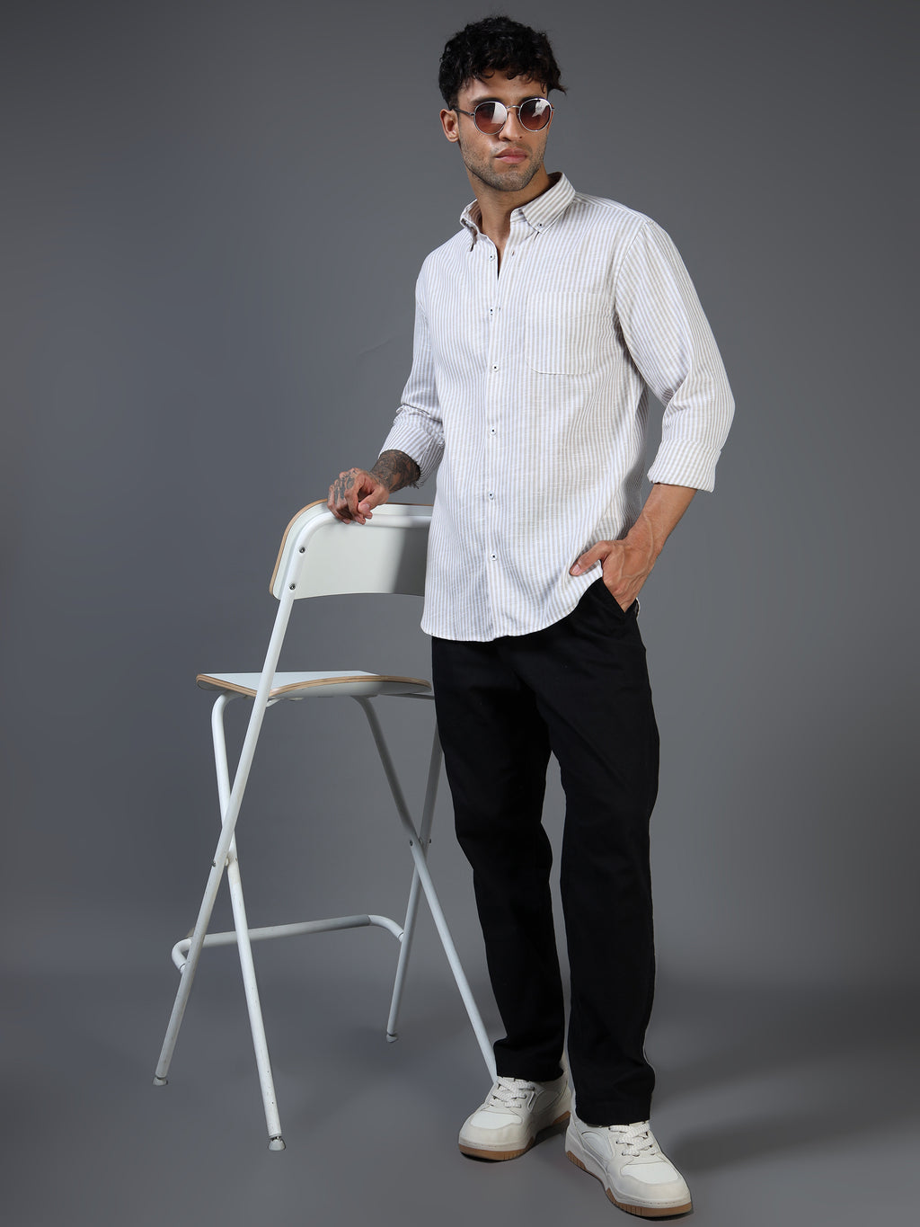 White & Brown Striped Linen-Cotton Shirt