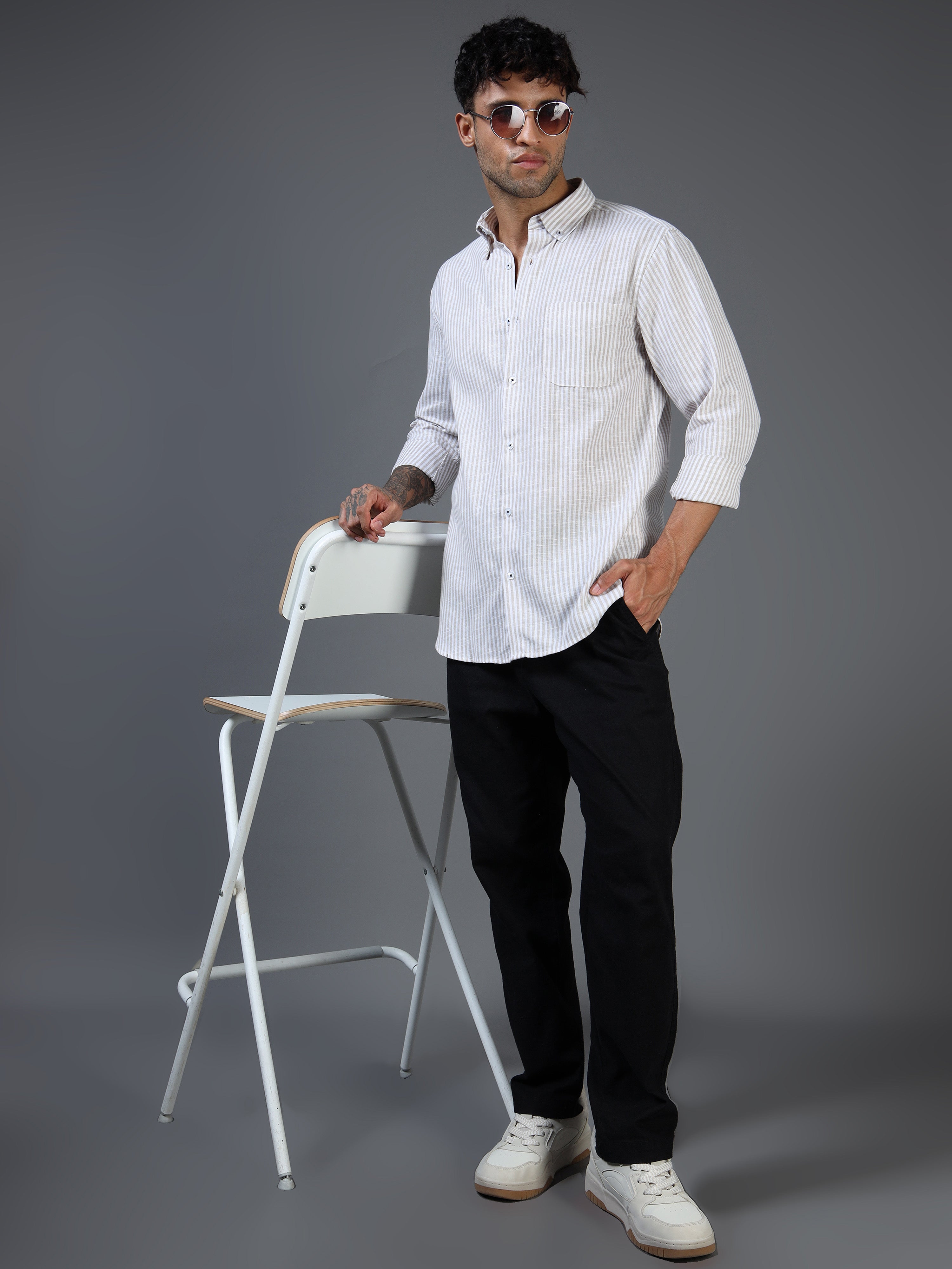 White & Brown Striped Linen-Cotton Shirt