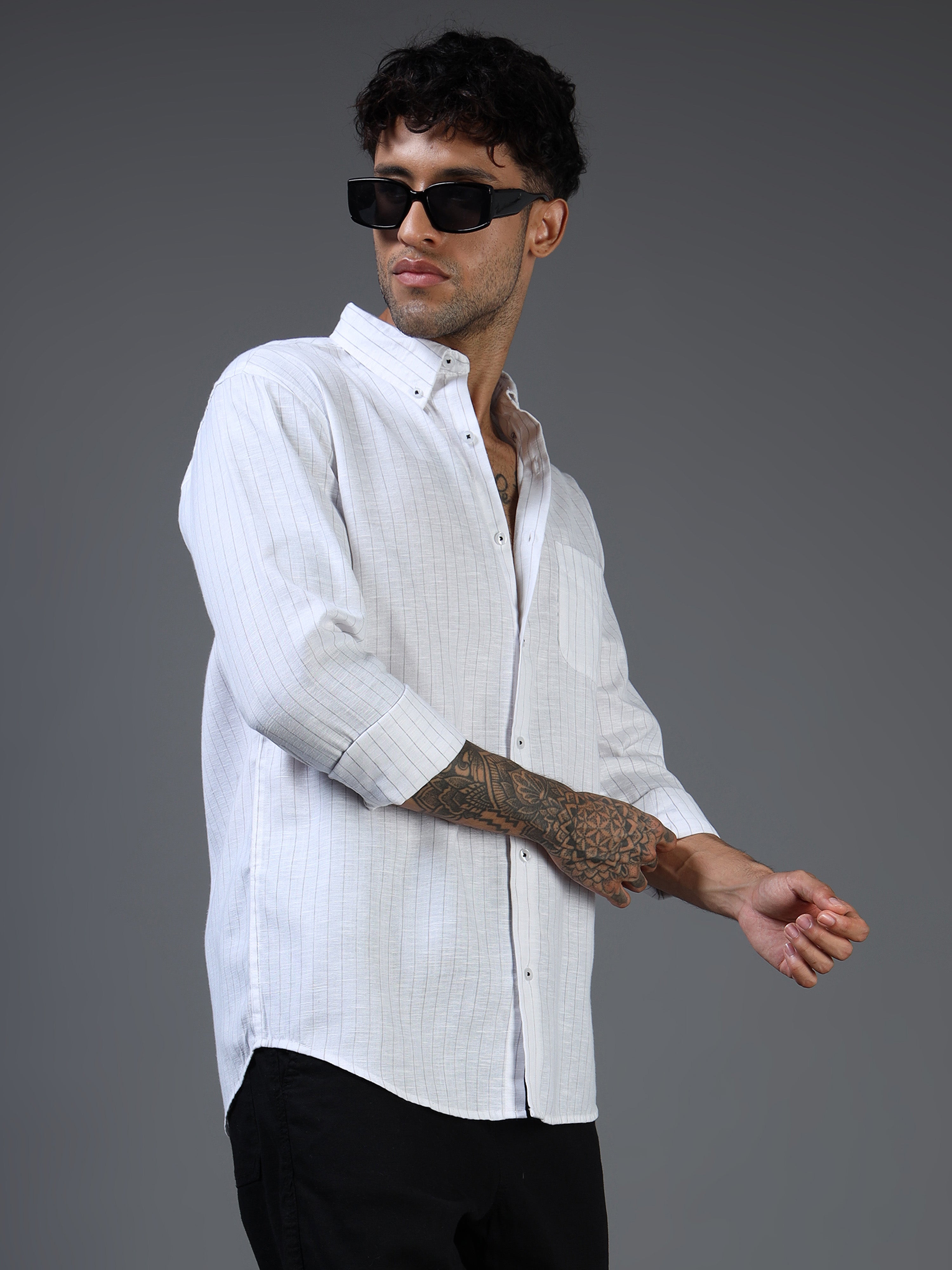 White with Thin Black Stripe Linen-Cotton Shirt