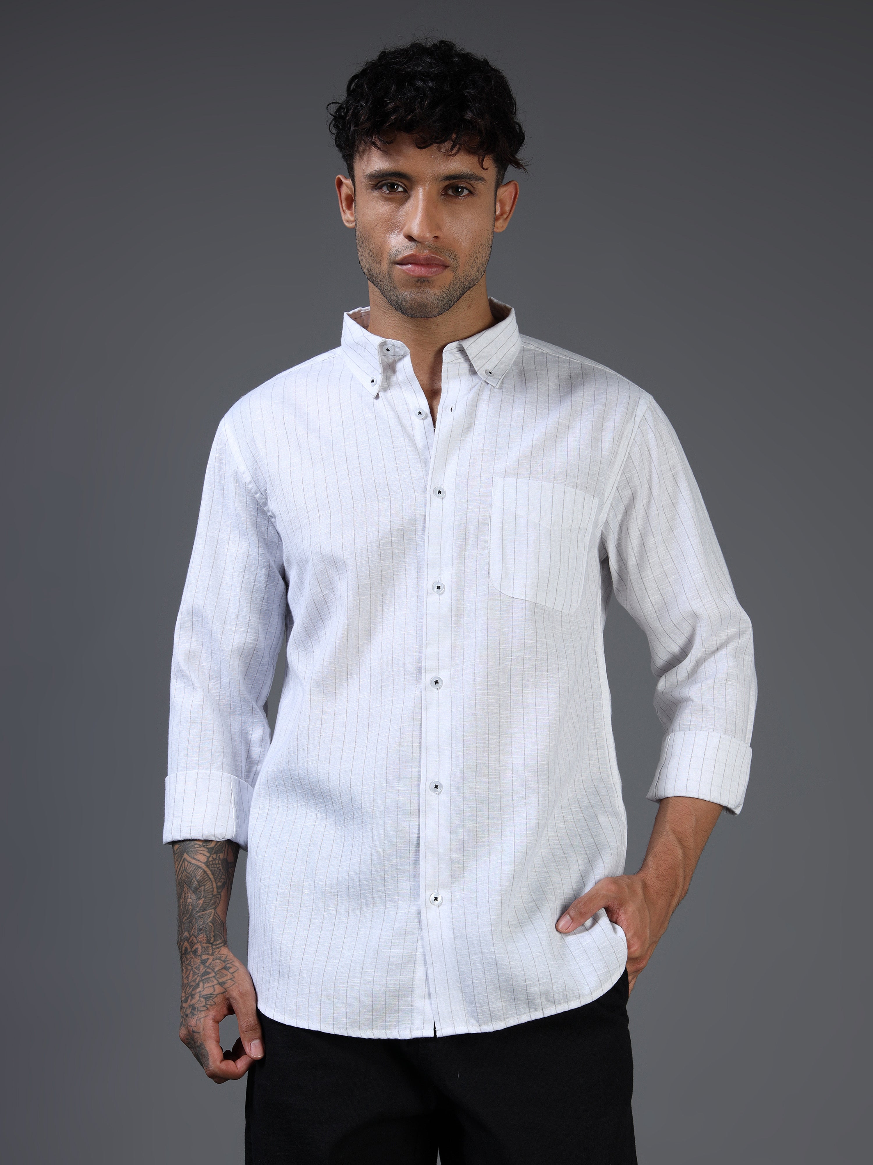 White with Thin Black Stripe Linen-Cotton Shirt