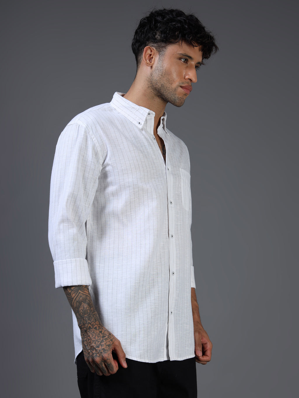 White with Thin Black Stripe Linen-Cotton Shirt
