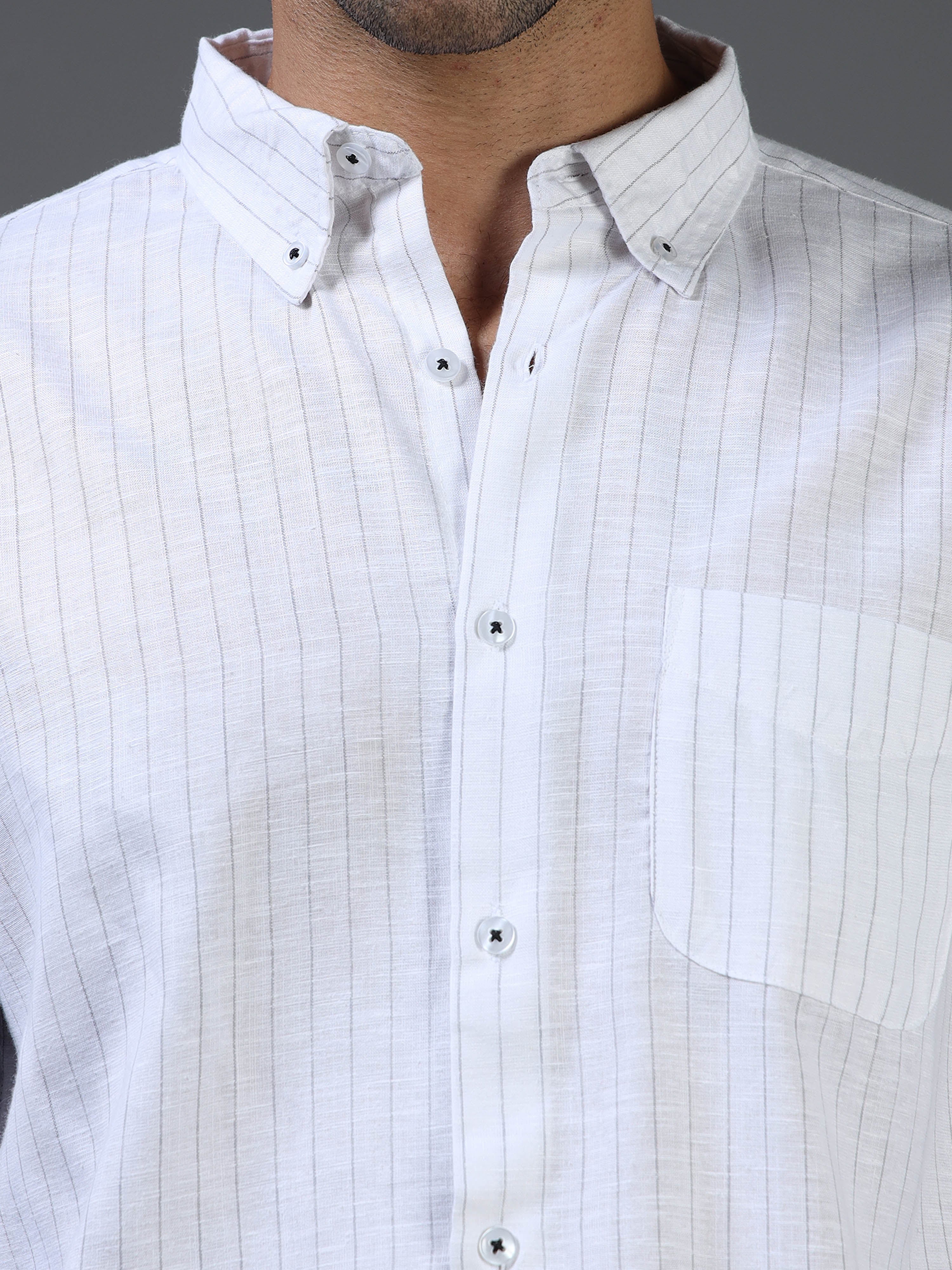 White with Thin Black Stripe Linen-Cotton Shirt