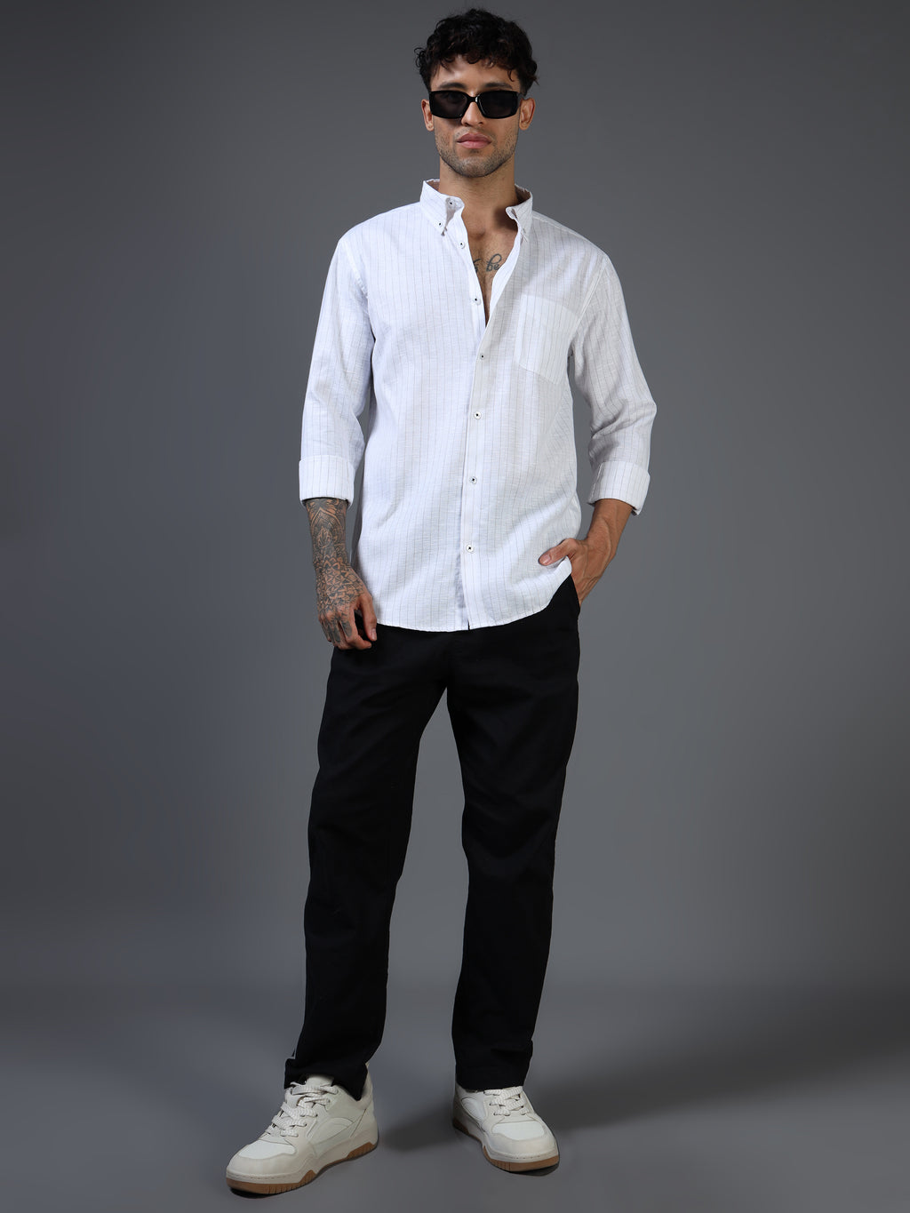 White with Thin Black Stripe Linen-Cotton Shirt